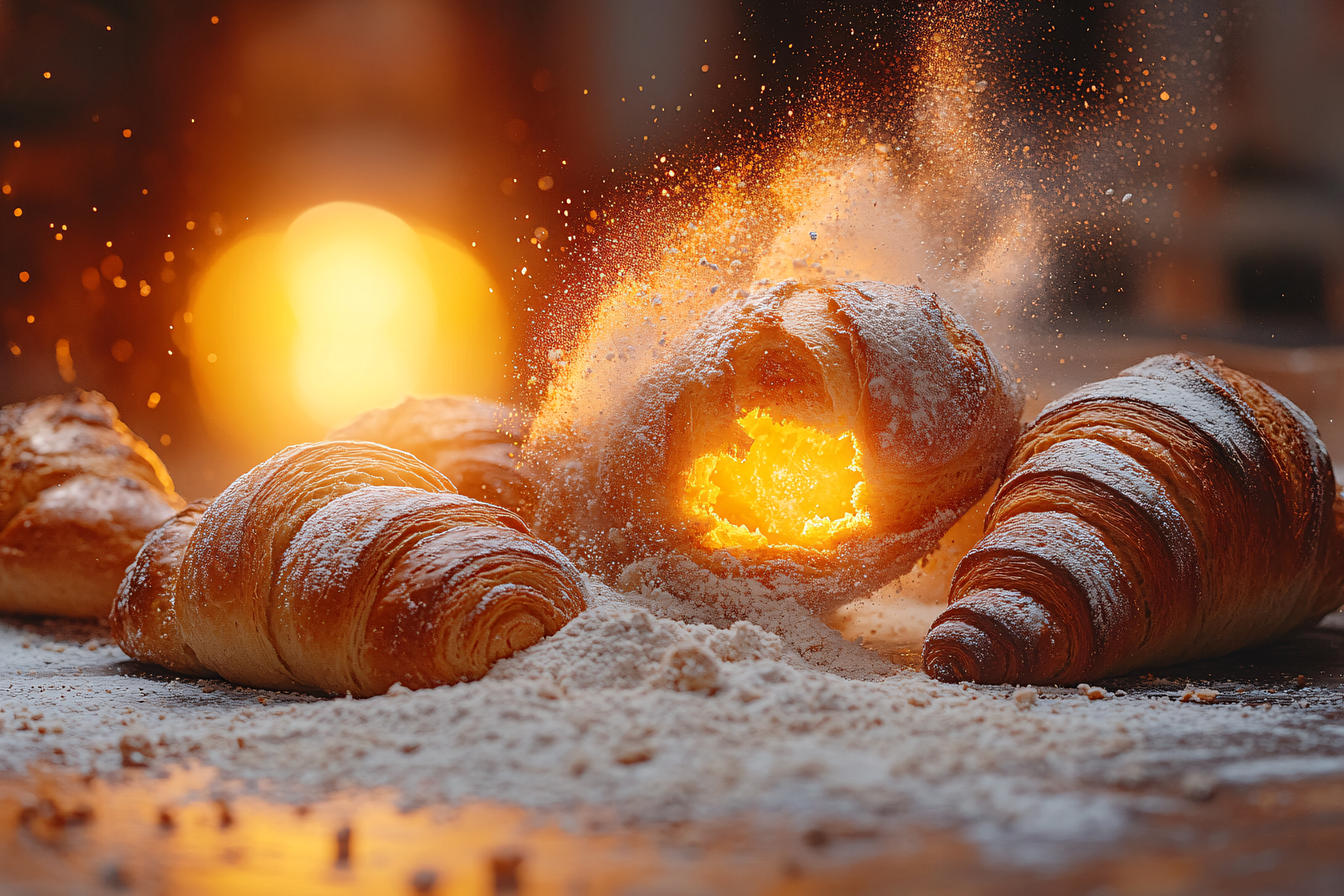 Golden Croissants and Rustic Bread with Flour Dust