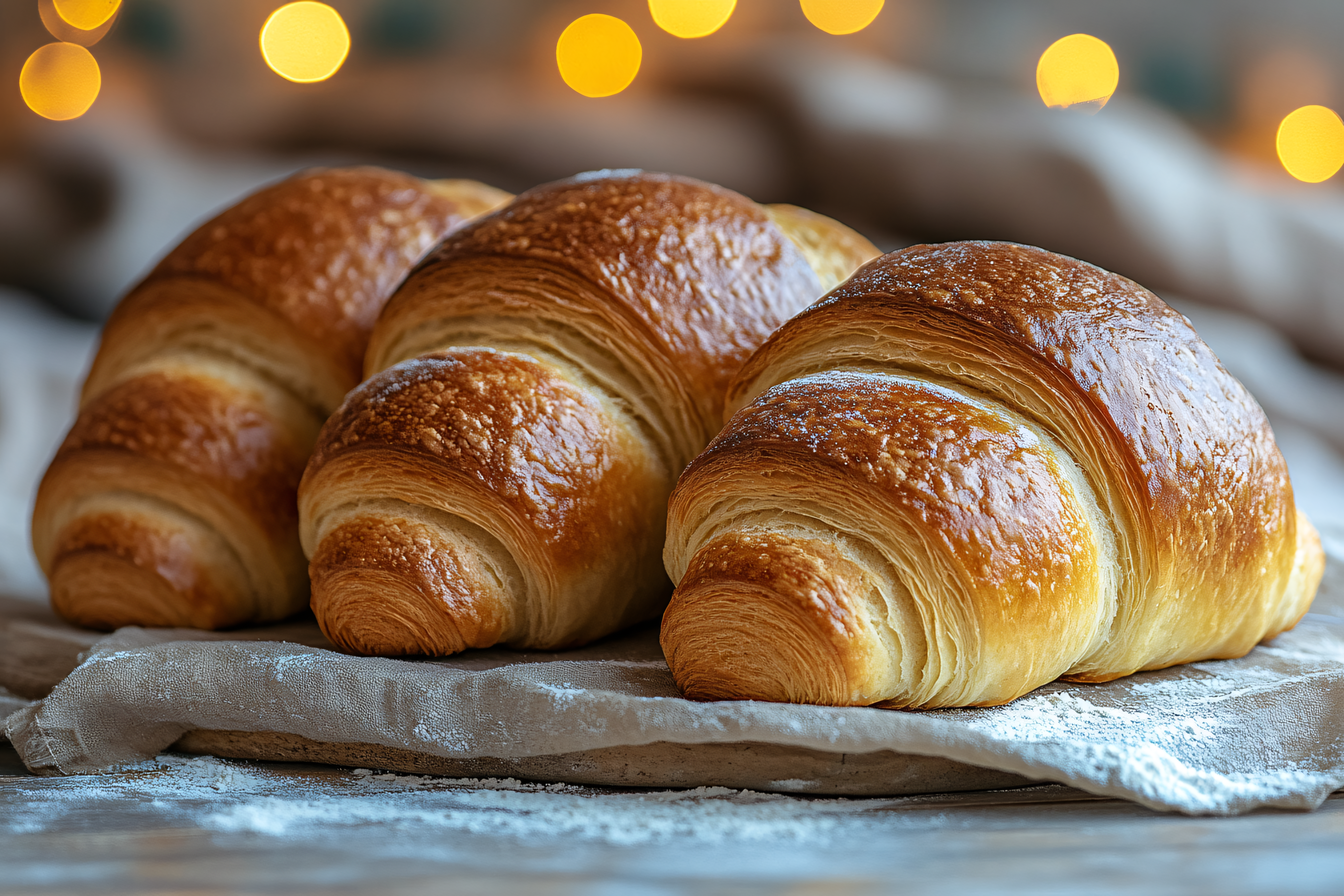 Golden Croissants on Wooden Surface