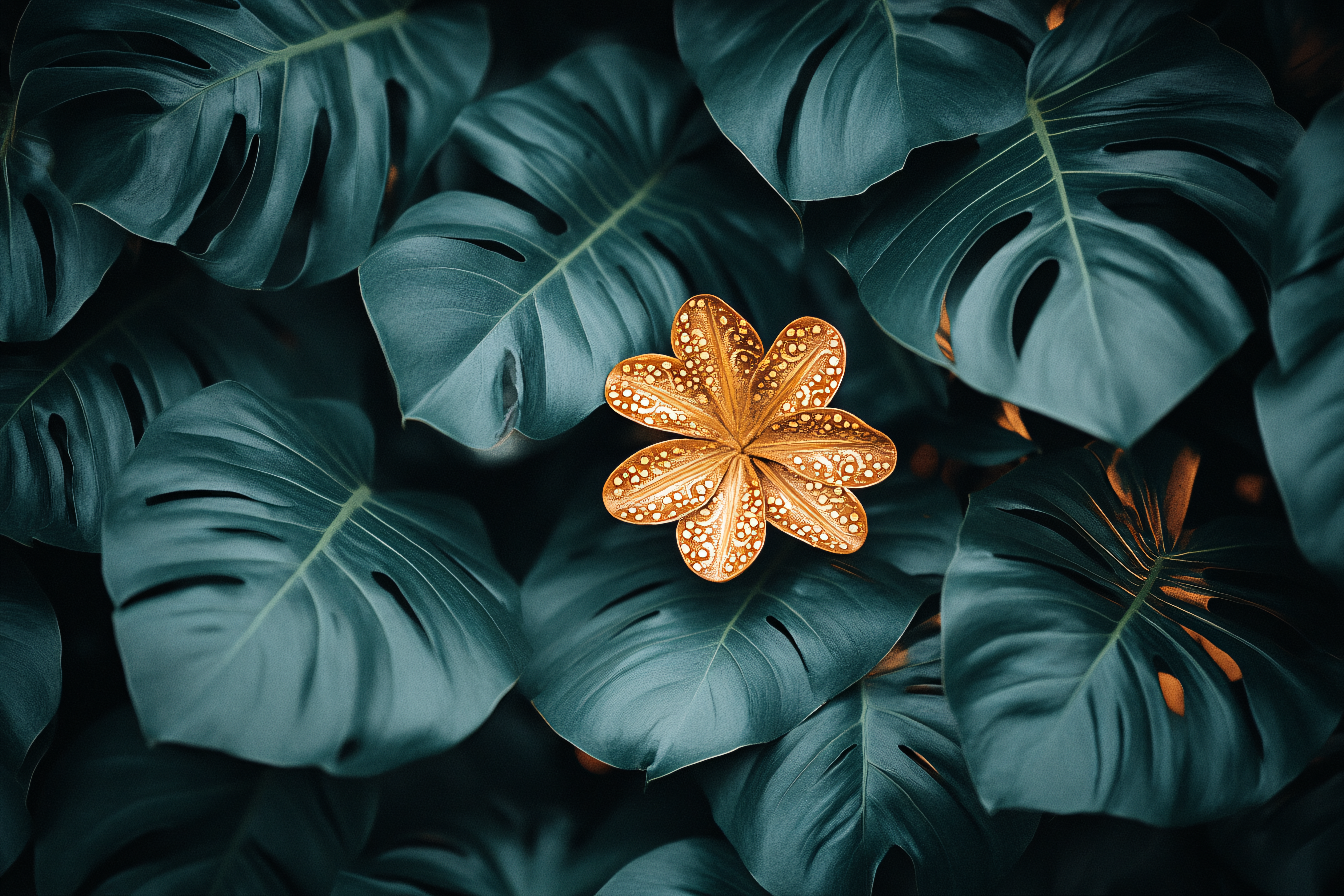 Golden Flower Among Teal Monstera Leaves