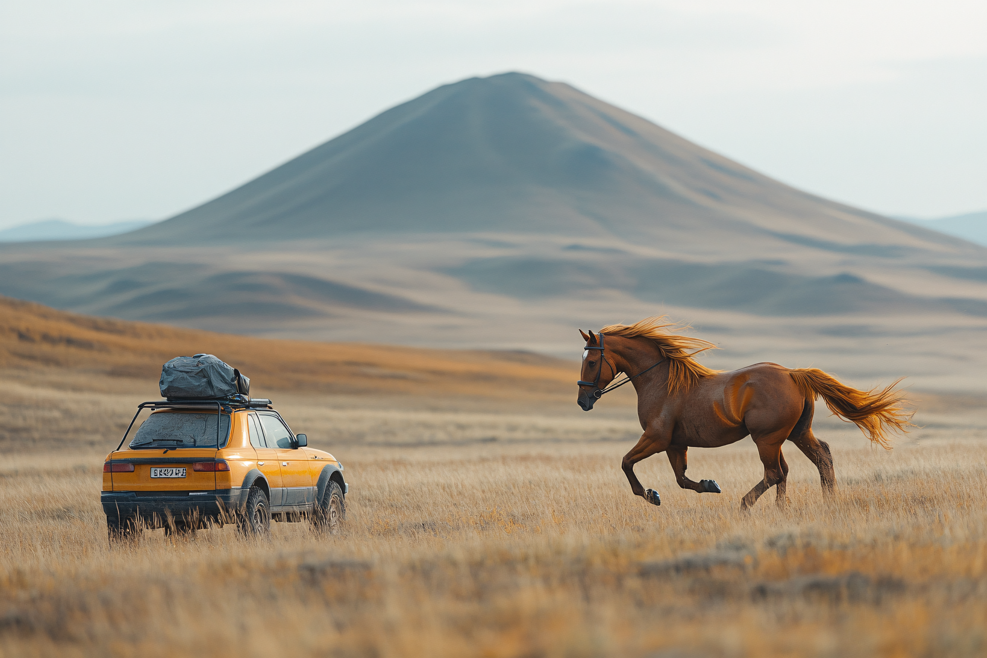 Golden Horse Galloping Past Expedition Vehicle in Vast Landscape