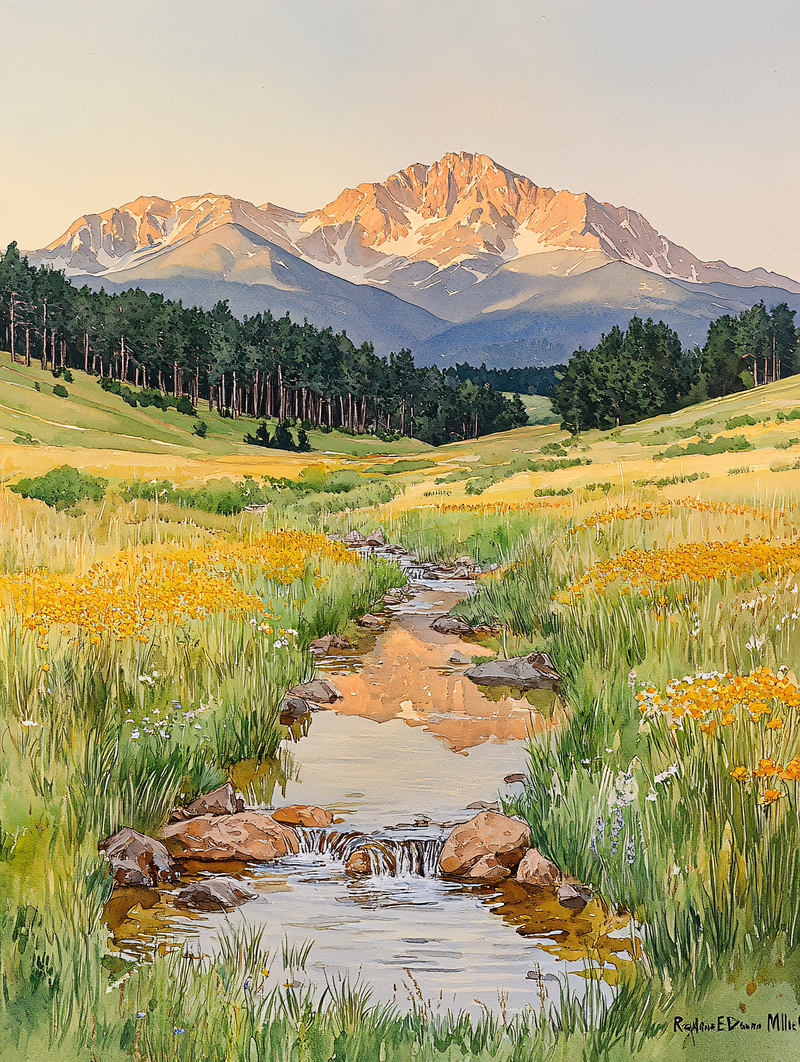 Golden Meadow Stream by Snowy Mountains