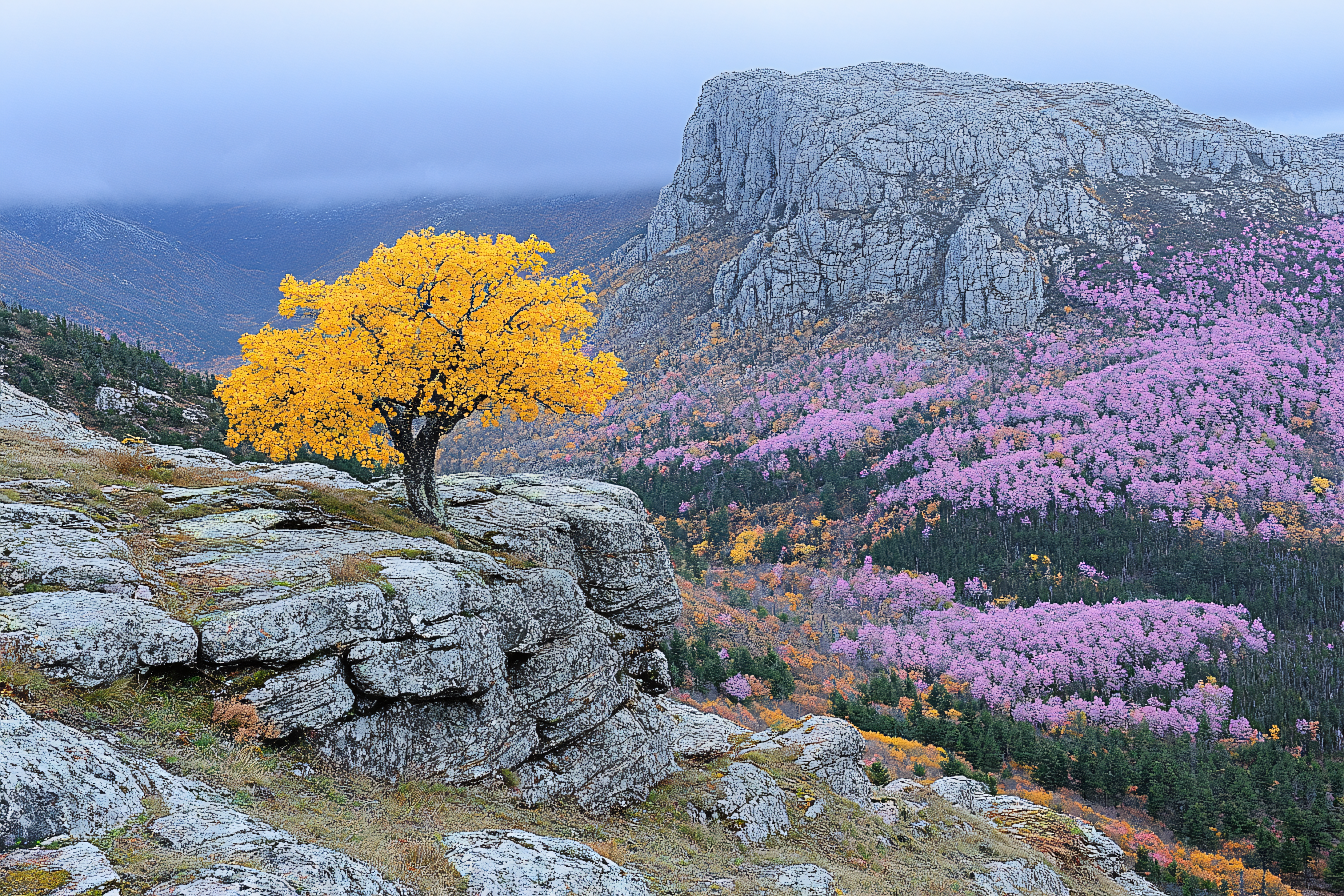 Golden Tree on Rocky Cliff Overlooking Autumnal Mountain Vista