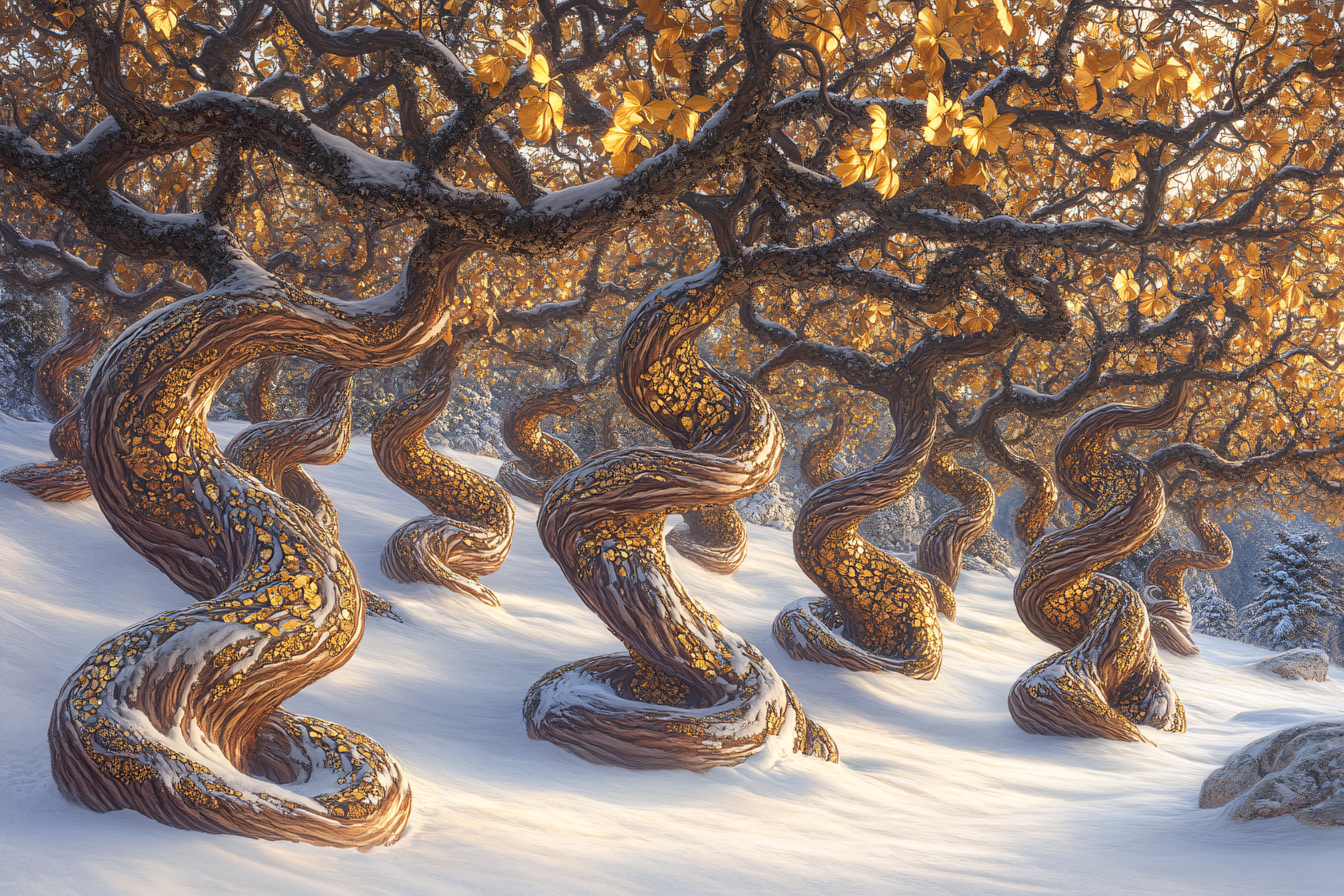 Golden Trees In Winter Landscape