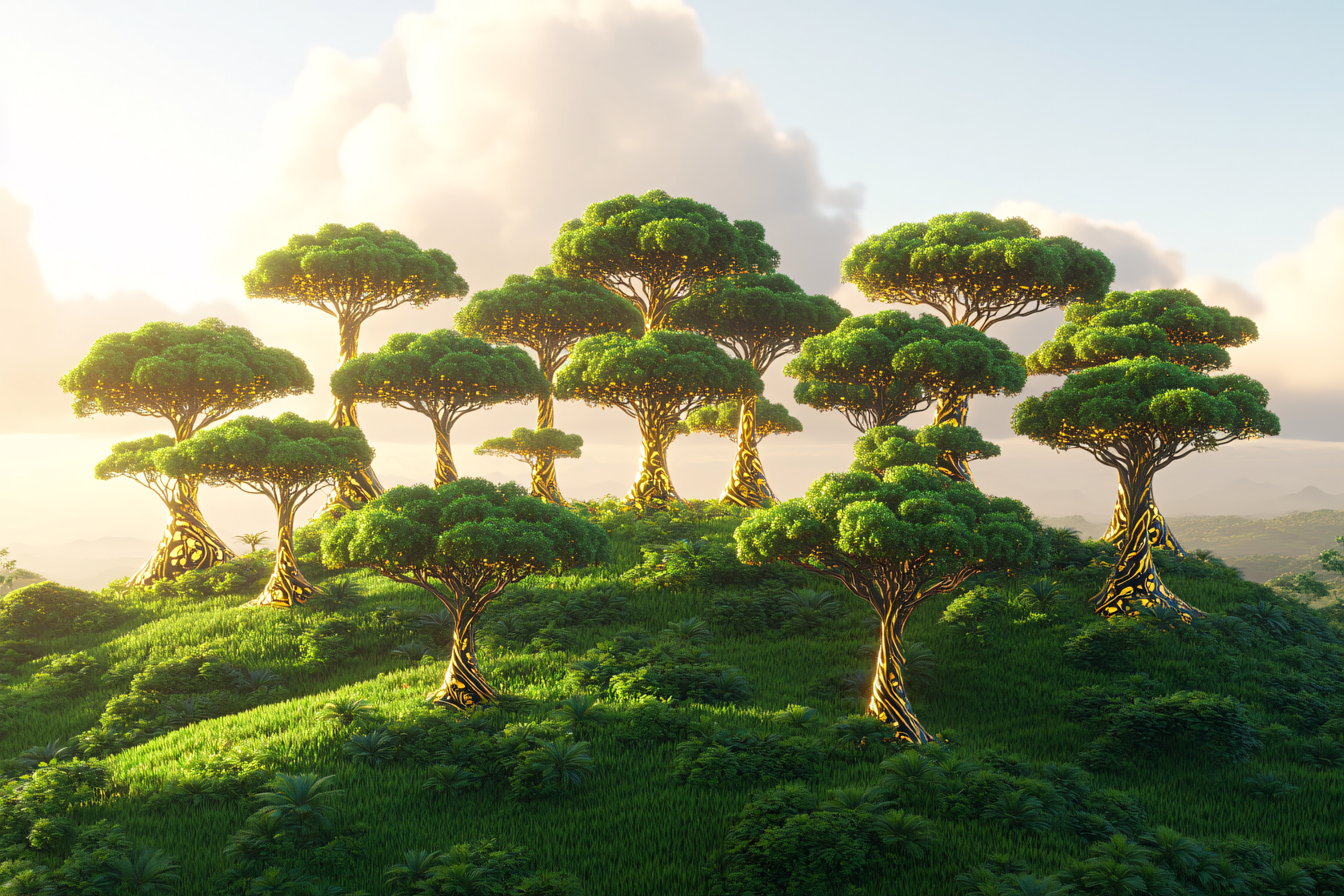 Golden Trees On Grassy Hill