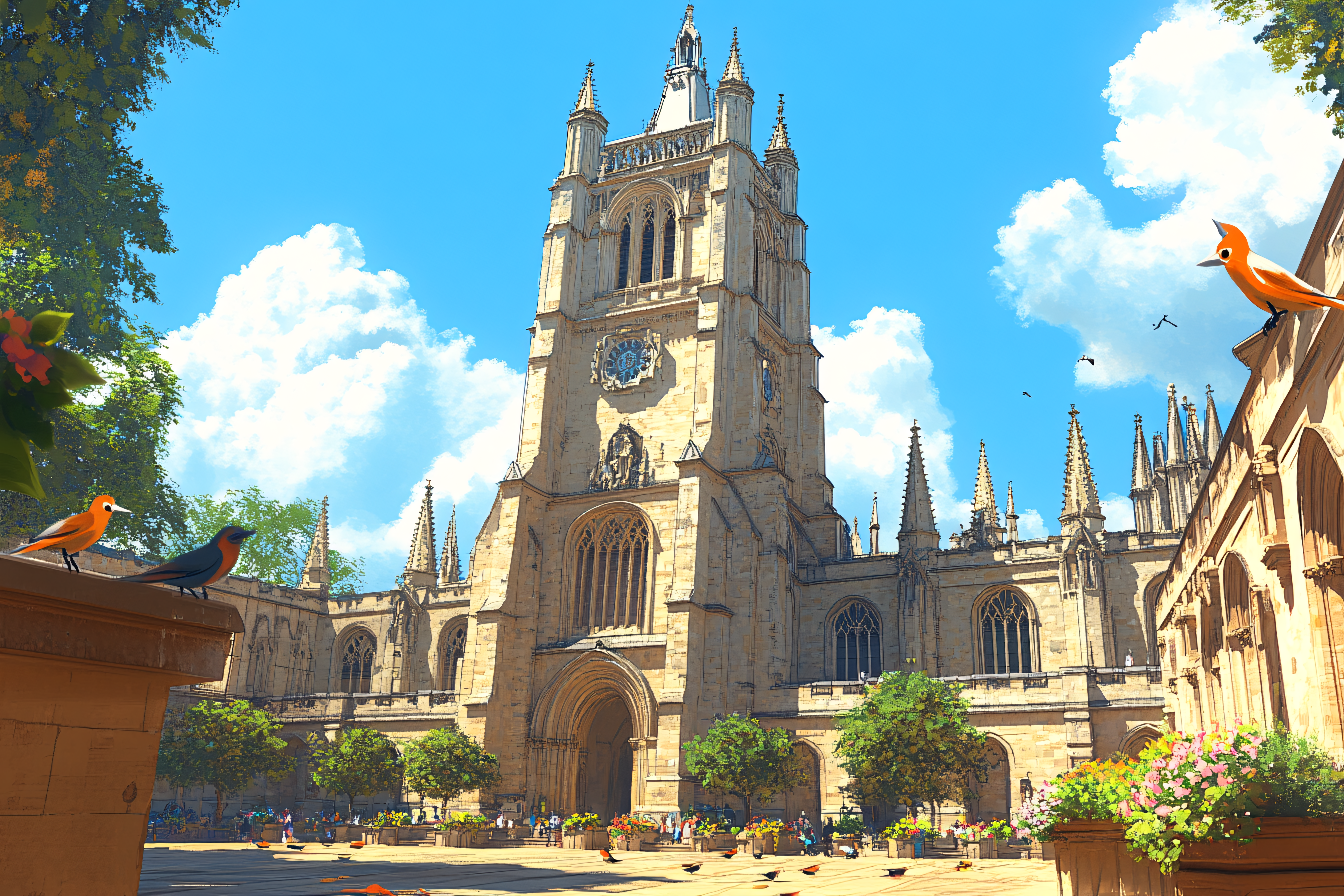 Grand Cathedral Courtyard with Birds