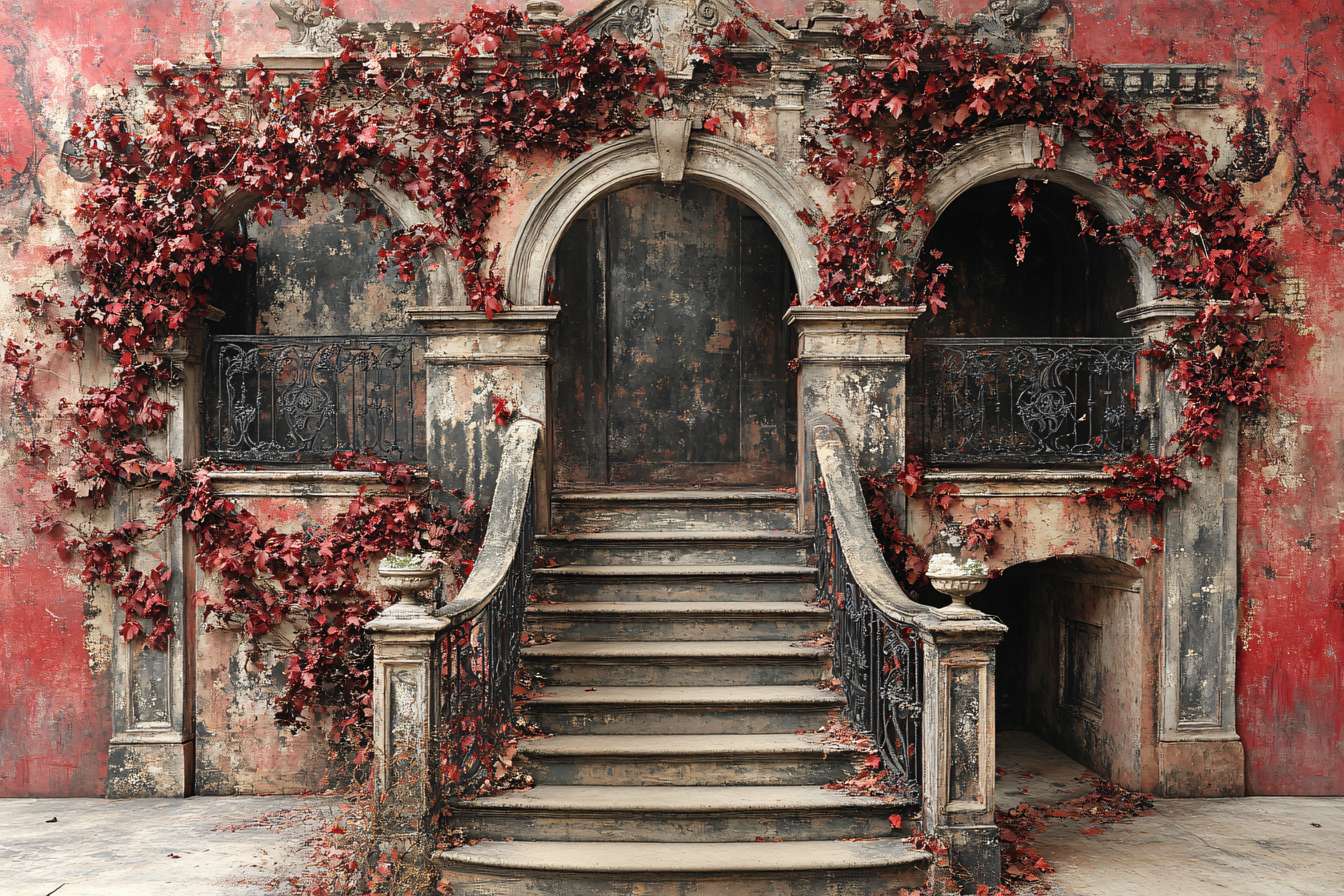 Grand Stone Stairway with Red Ivy