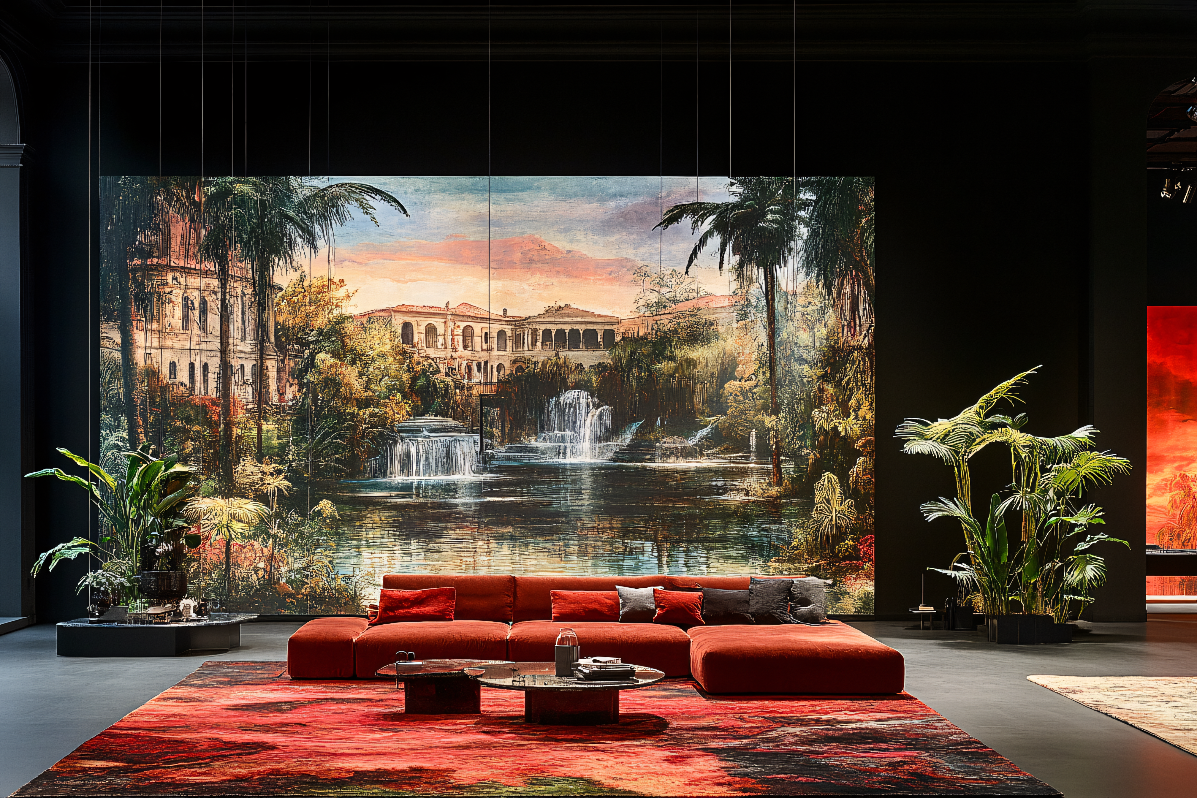 Grandiose Interior with Landscape Mural and Red Sofa