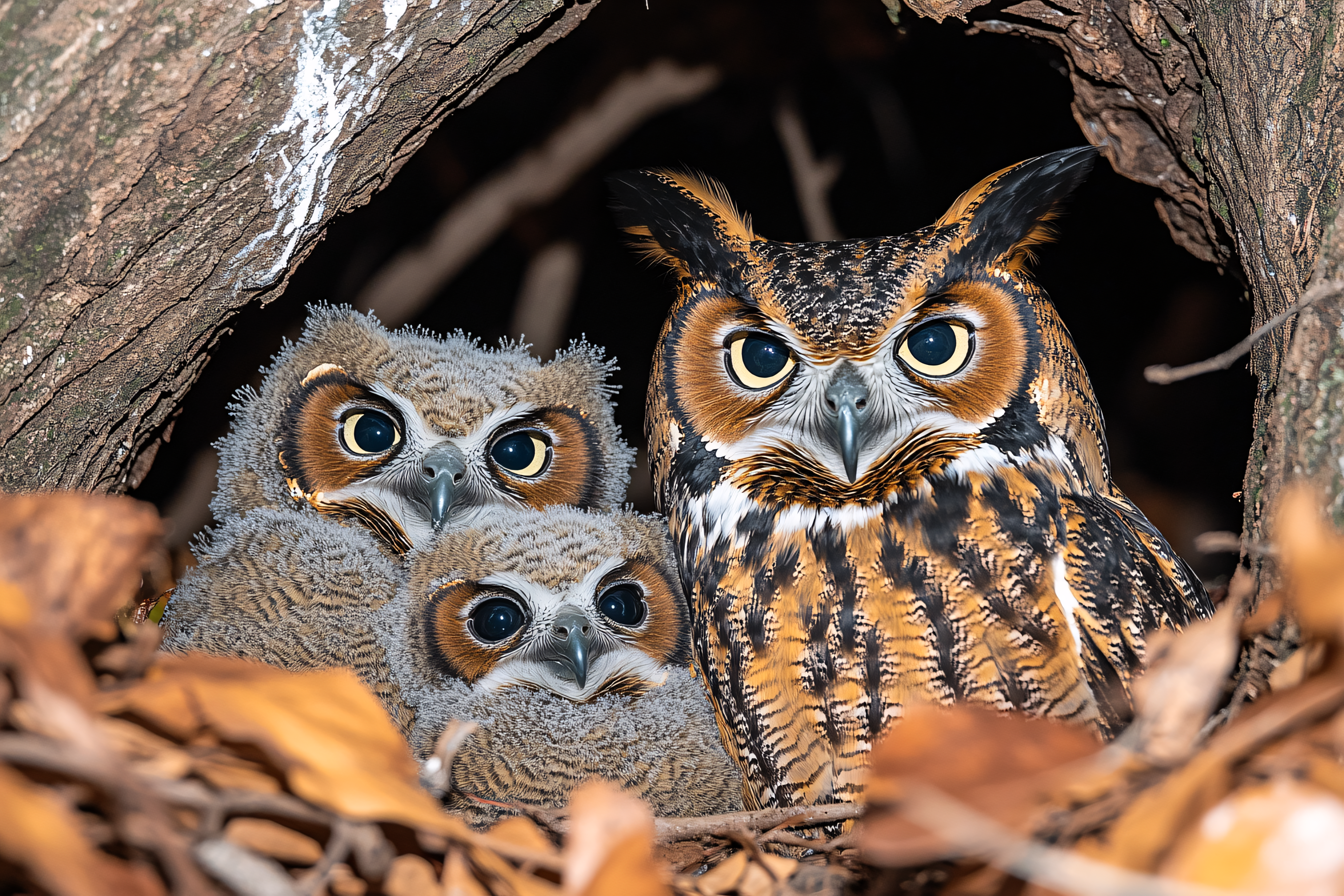 Great Horned Owl Family in Tree Hollow