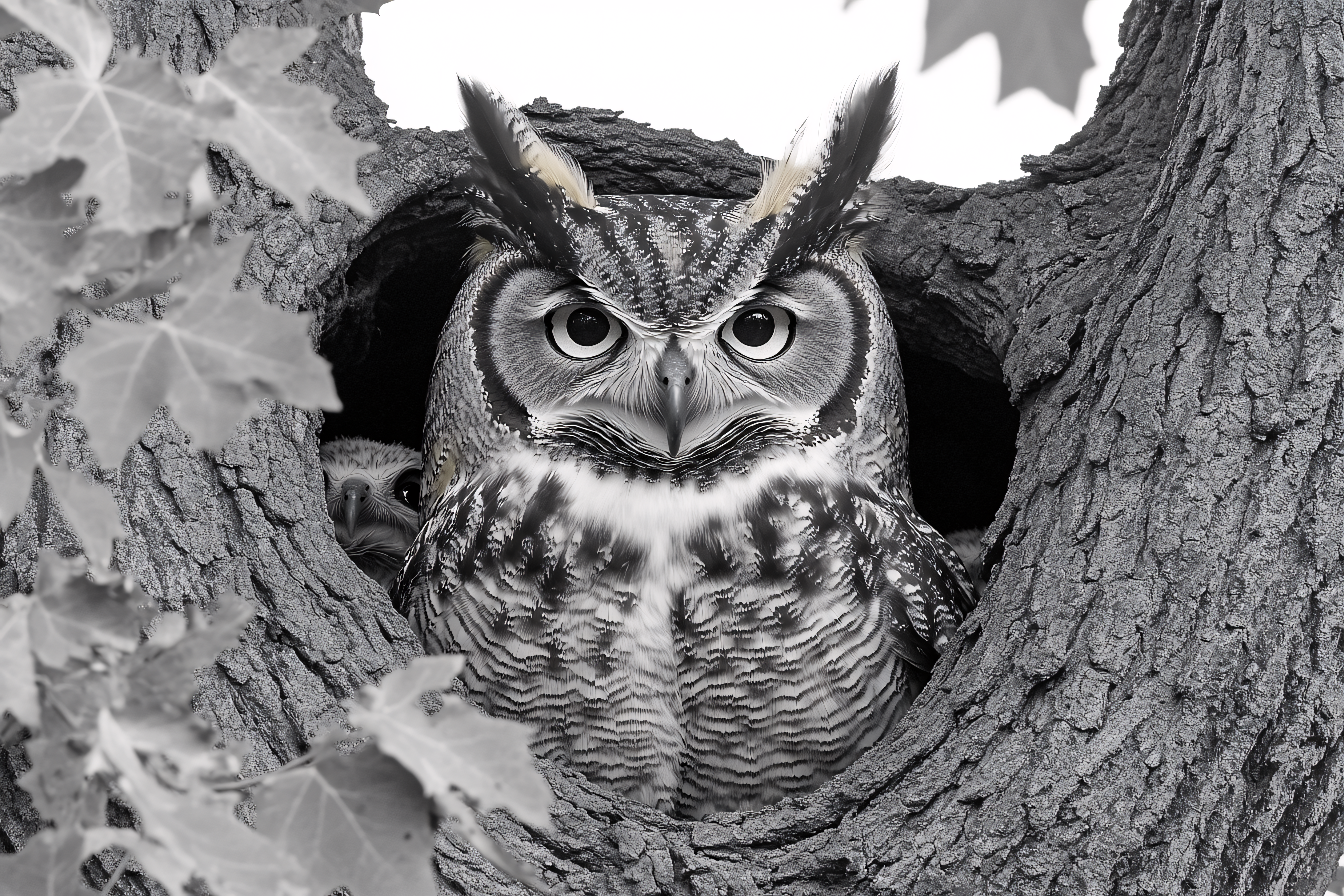 Great Horned Owl Family Nestled in Tree Cavity