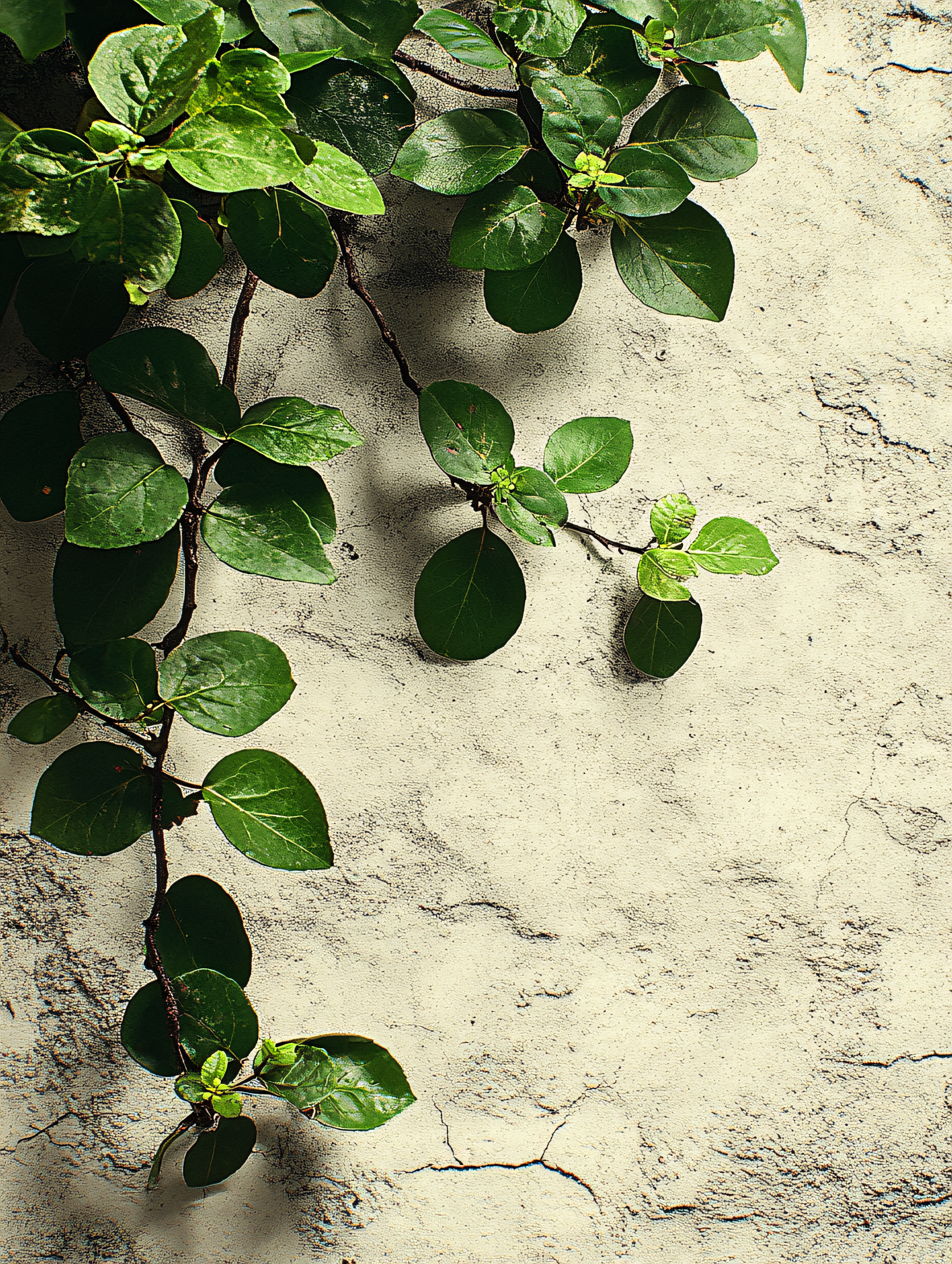 Green Leaves Climbing on Rough Beige Wall