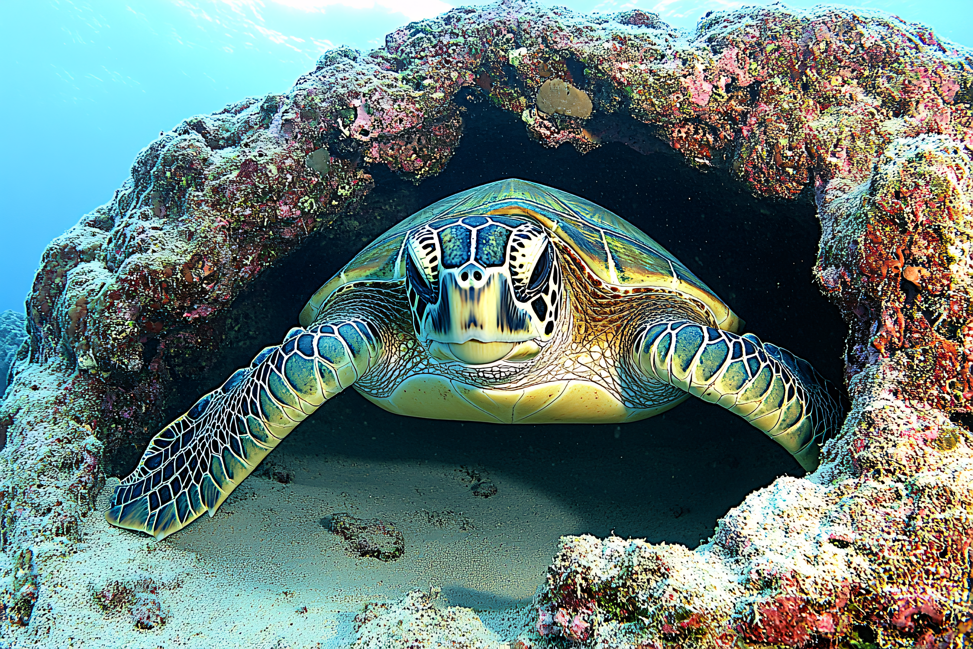 Green Sea Turtle in Coral Cave
