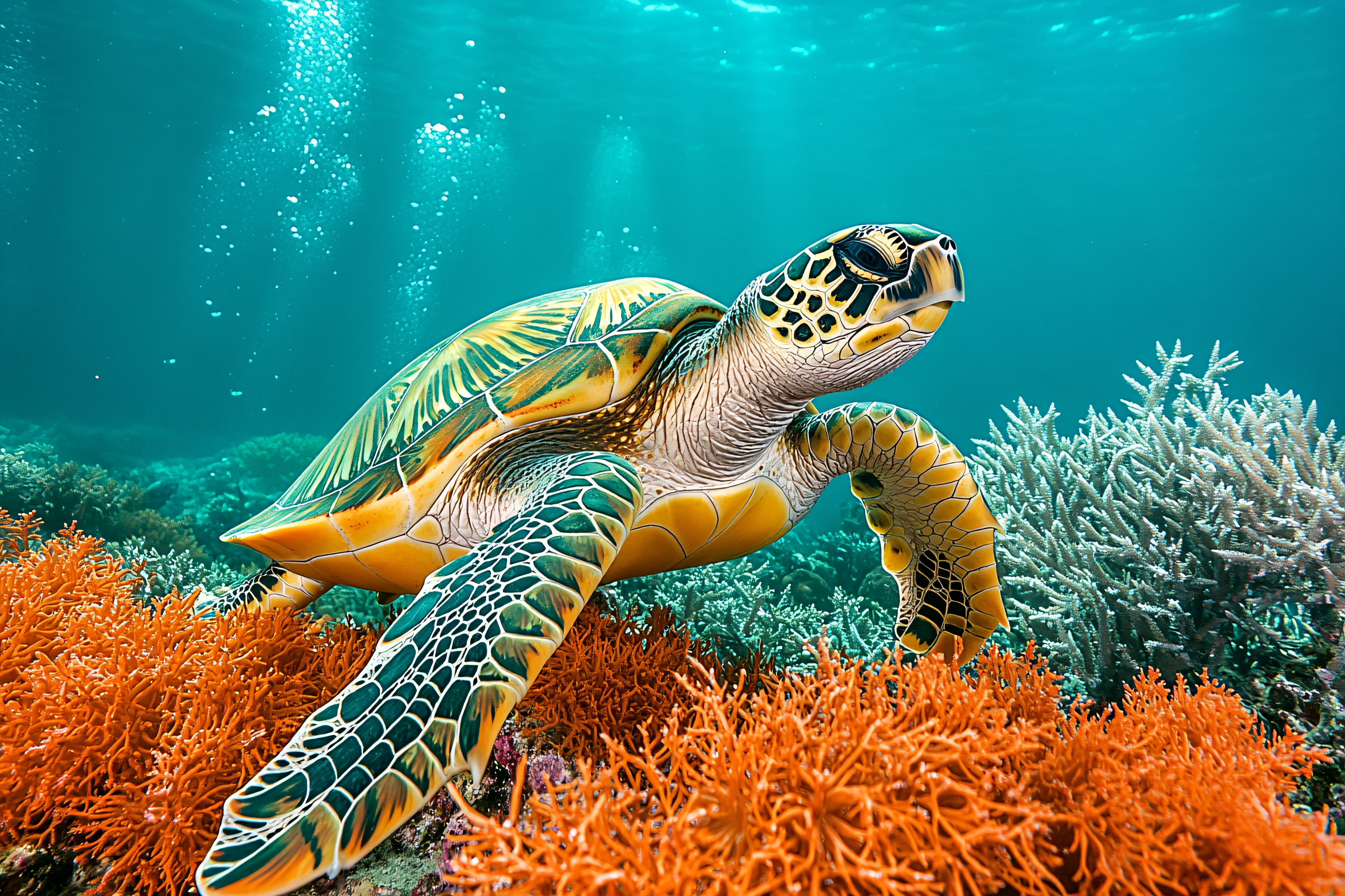 Green Sea Turtle Swimming In Coral Reef