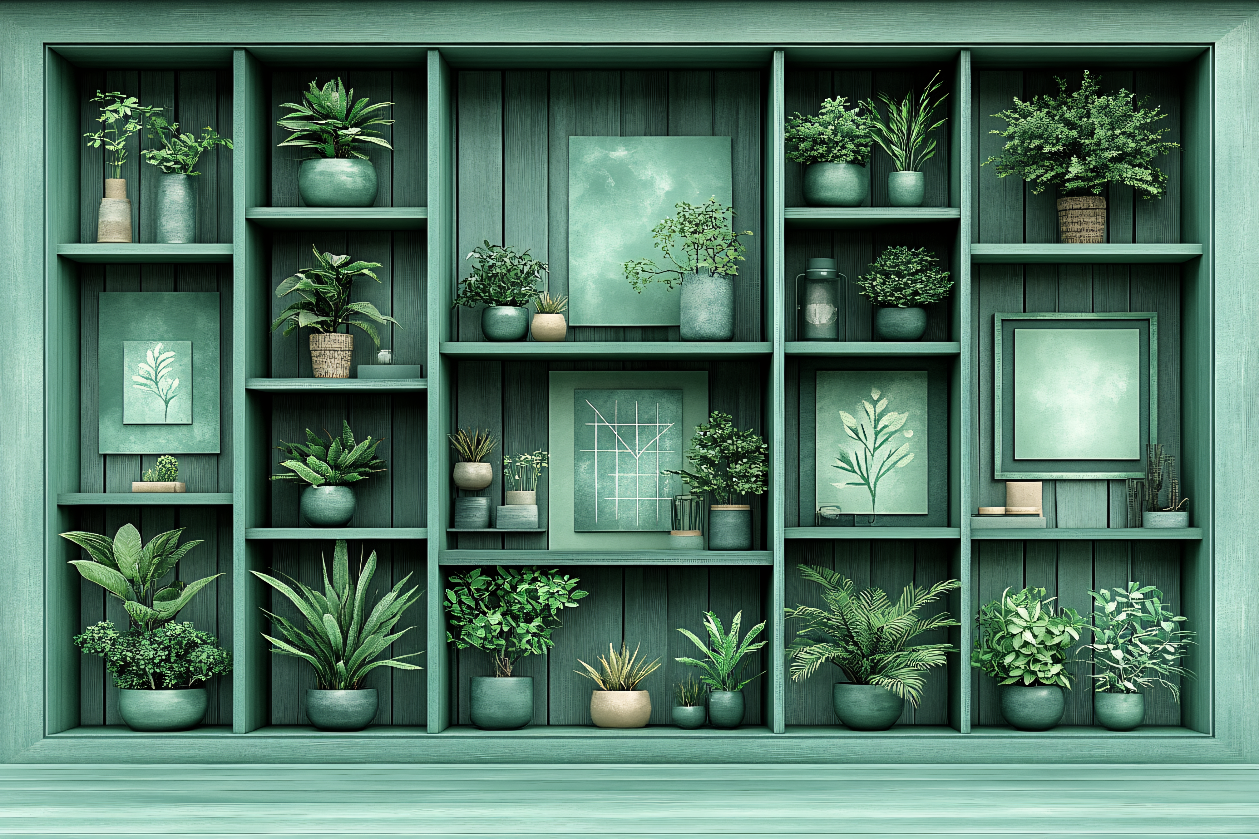 Green Shelf With Plants And Decor