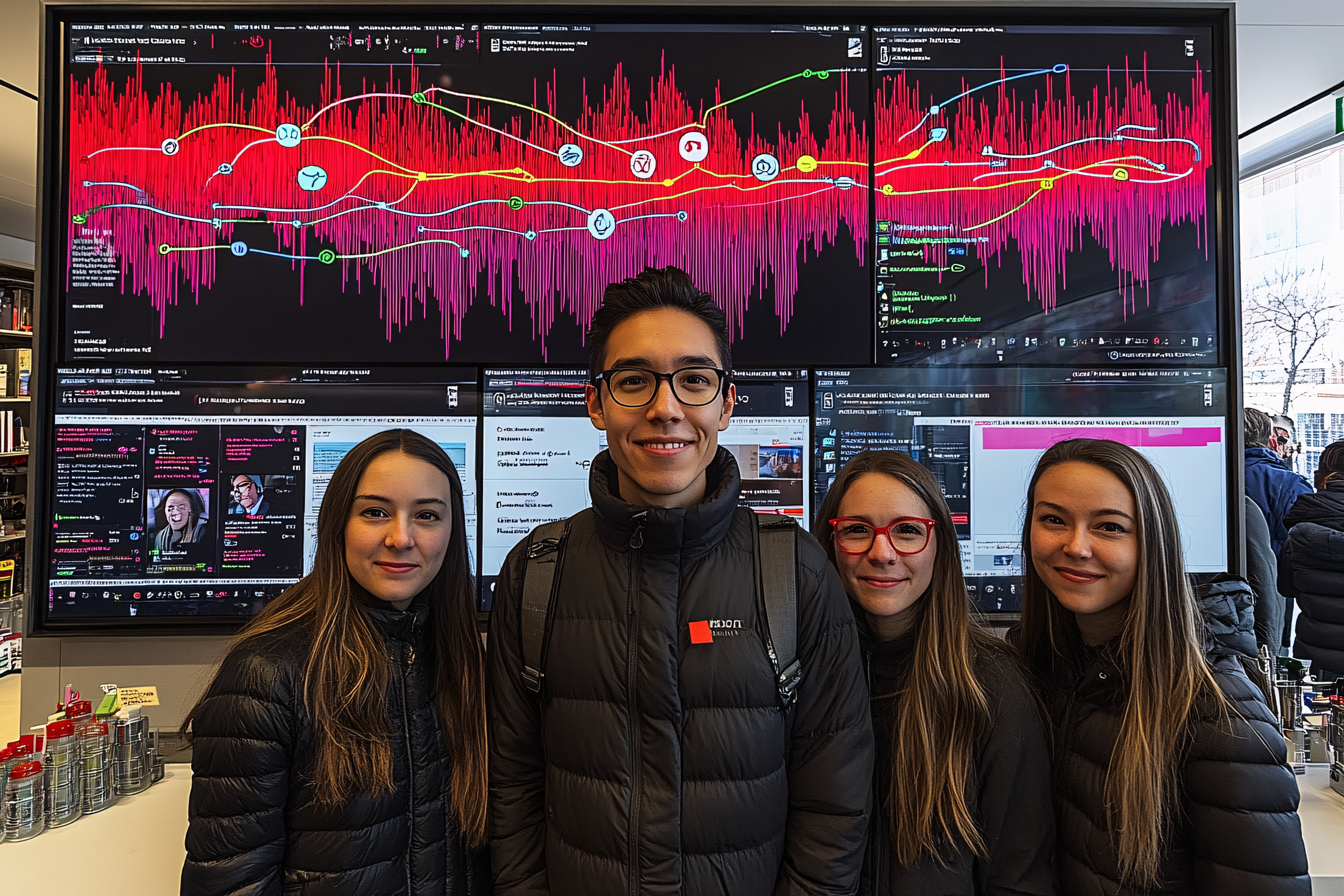 Group of Students Pose in Front of Large Display Screen