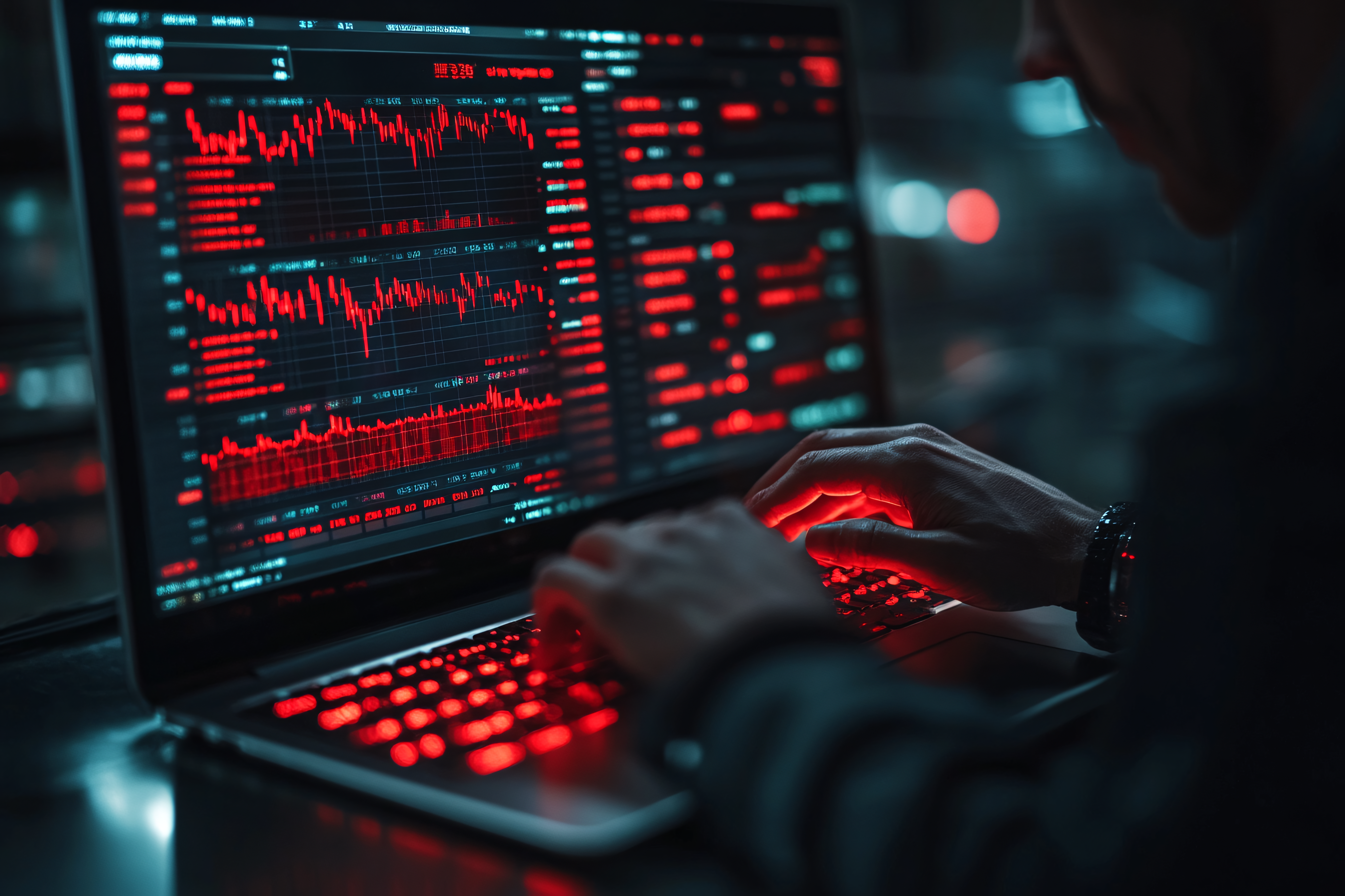 Hacker Analyzing Stock Market Data on Laptop