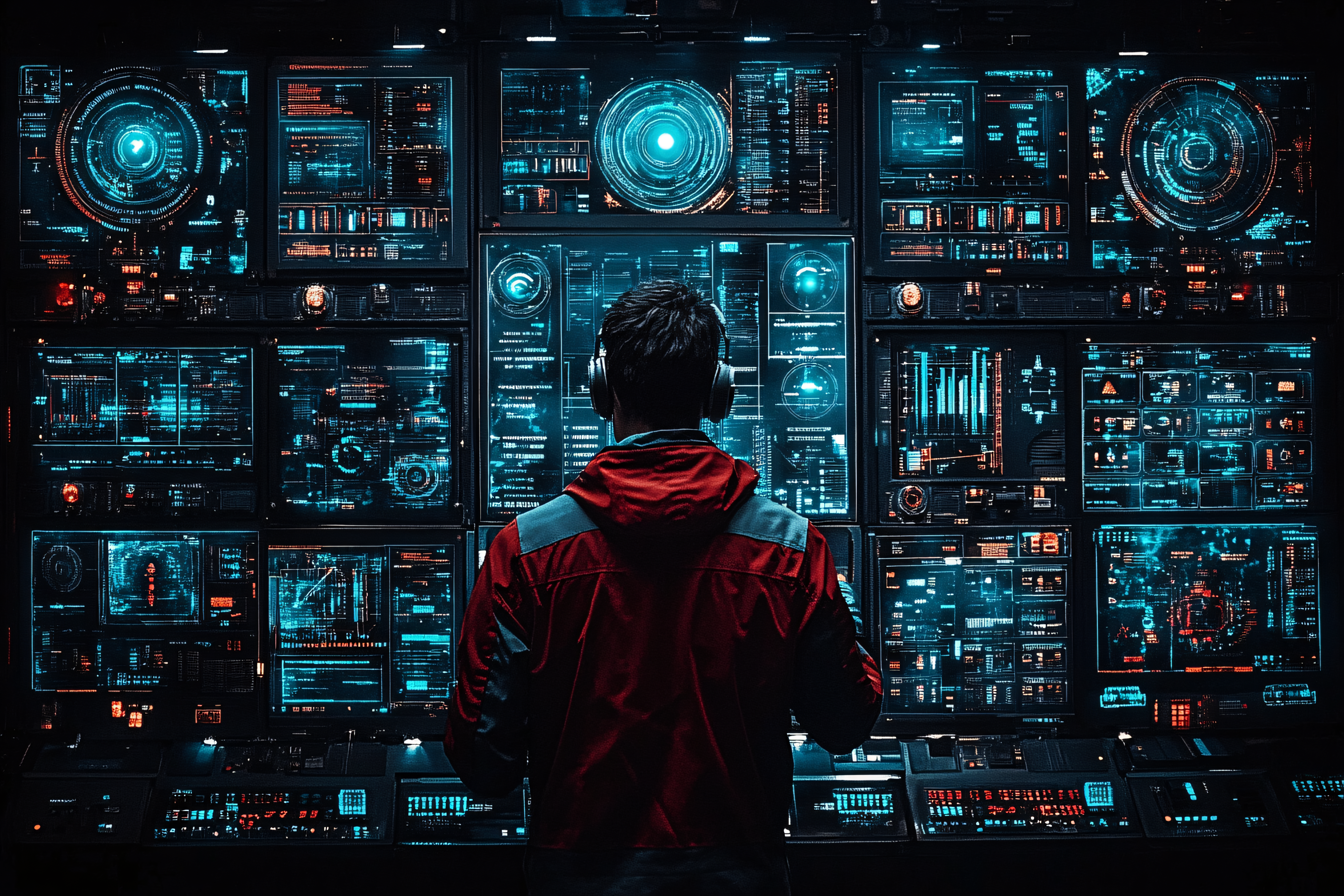 Hacker At Work In Front Of Multiple Screens