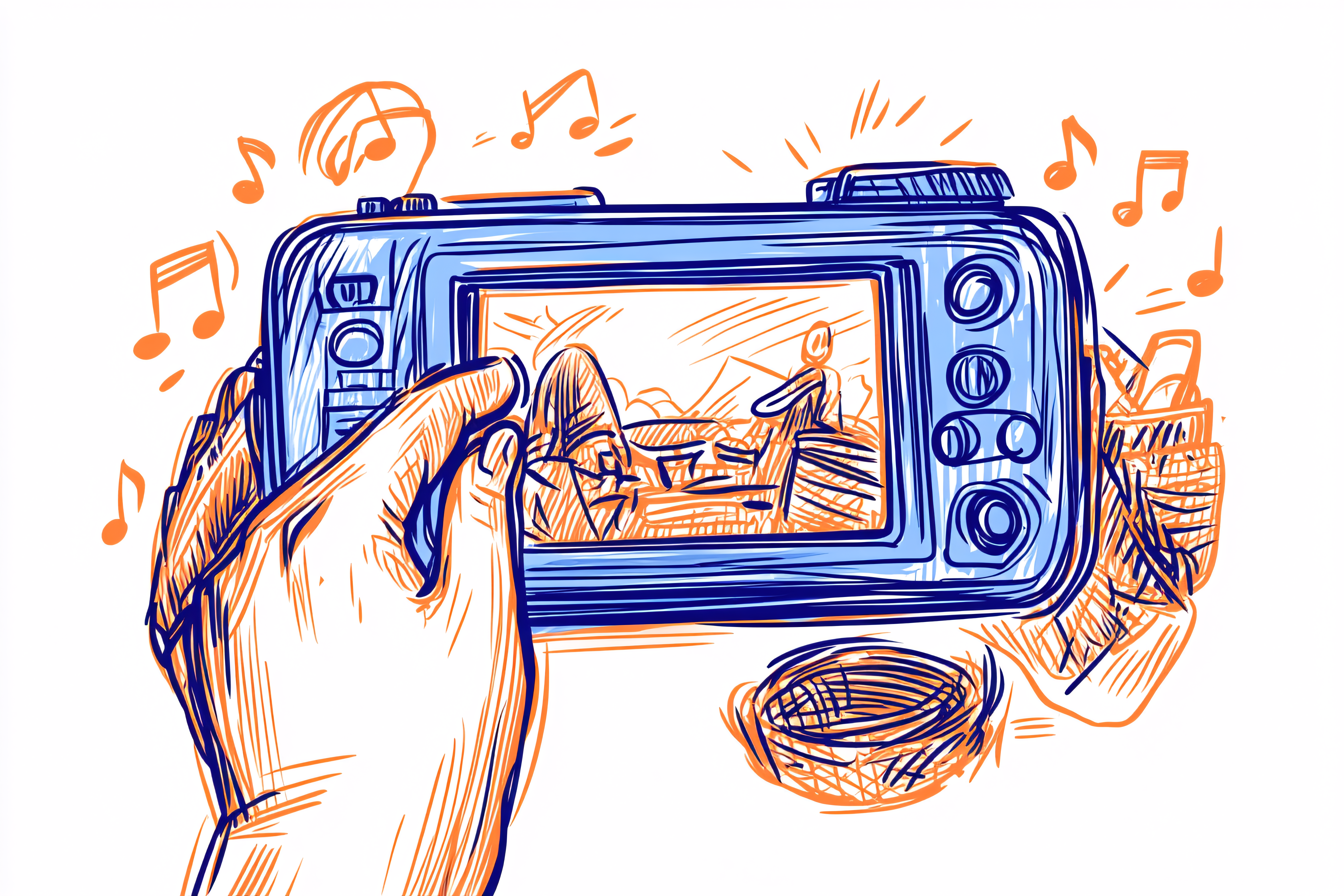 Hand Holding Media Player with Landscape and Music Notes