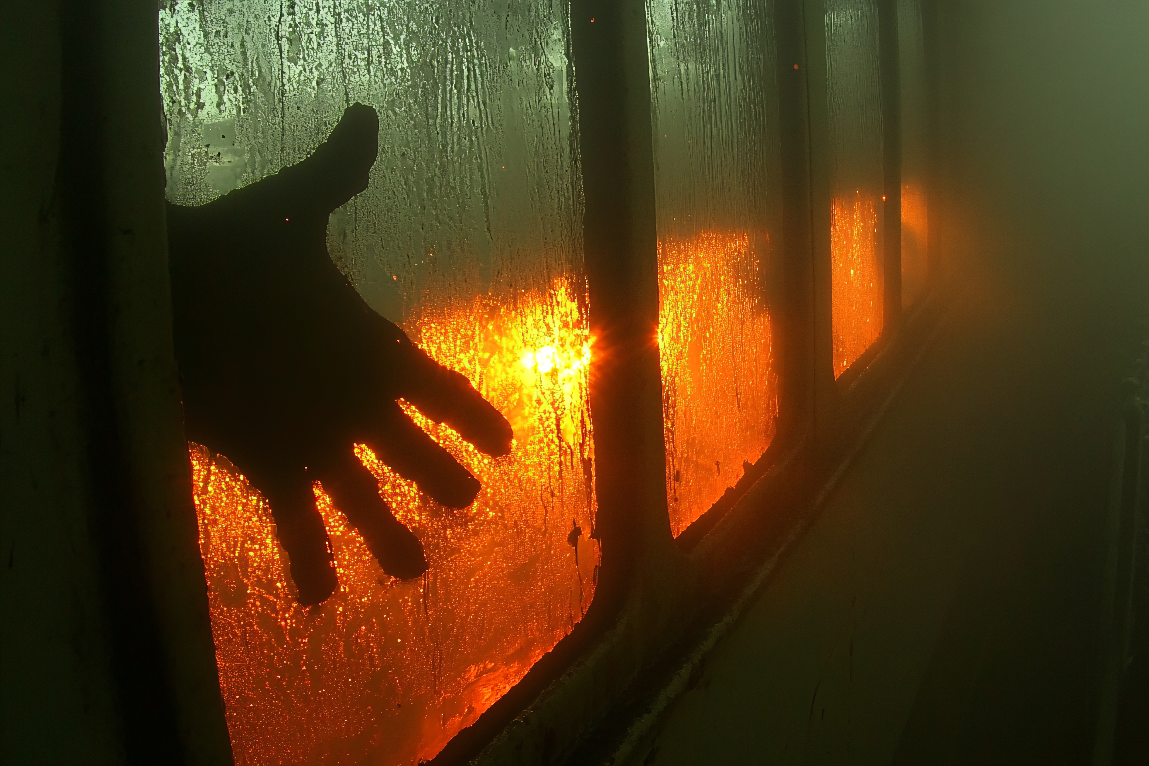 Hand Silhouetted on Window at Sunset