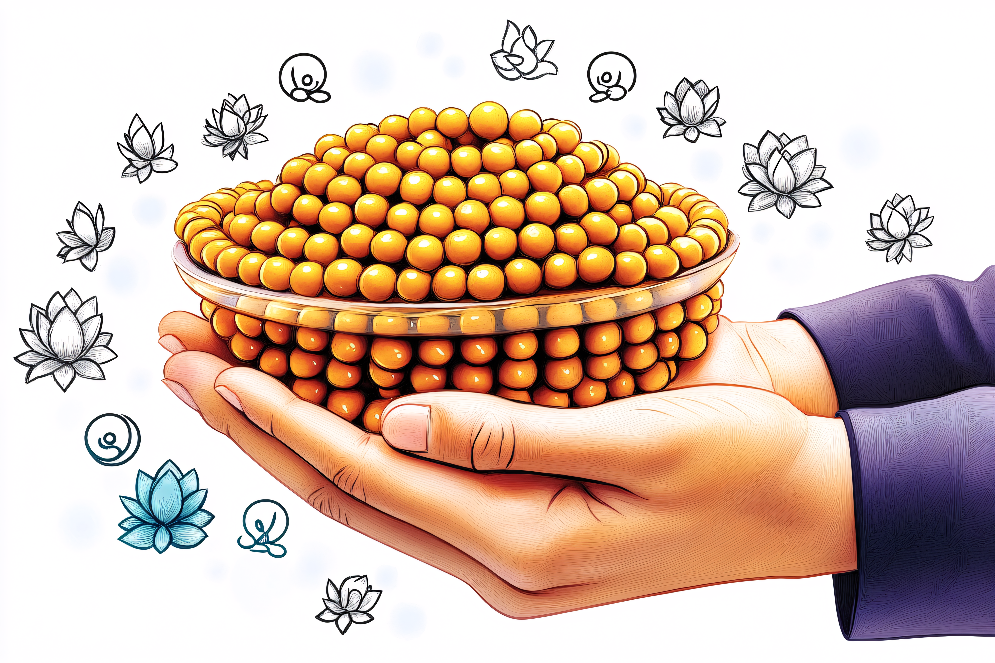 Hands Holding a Bowl of Golden Spheres with Lotus Motifs