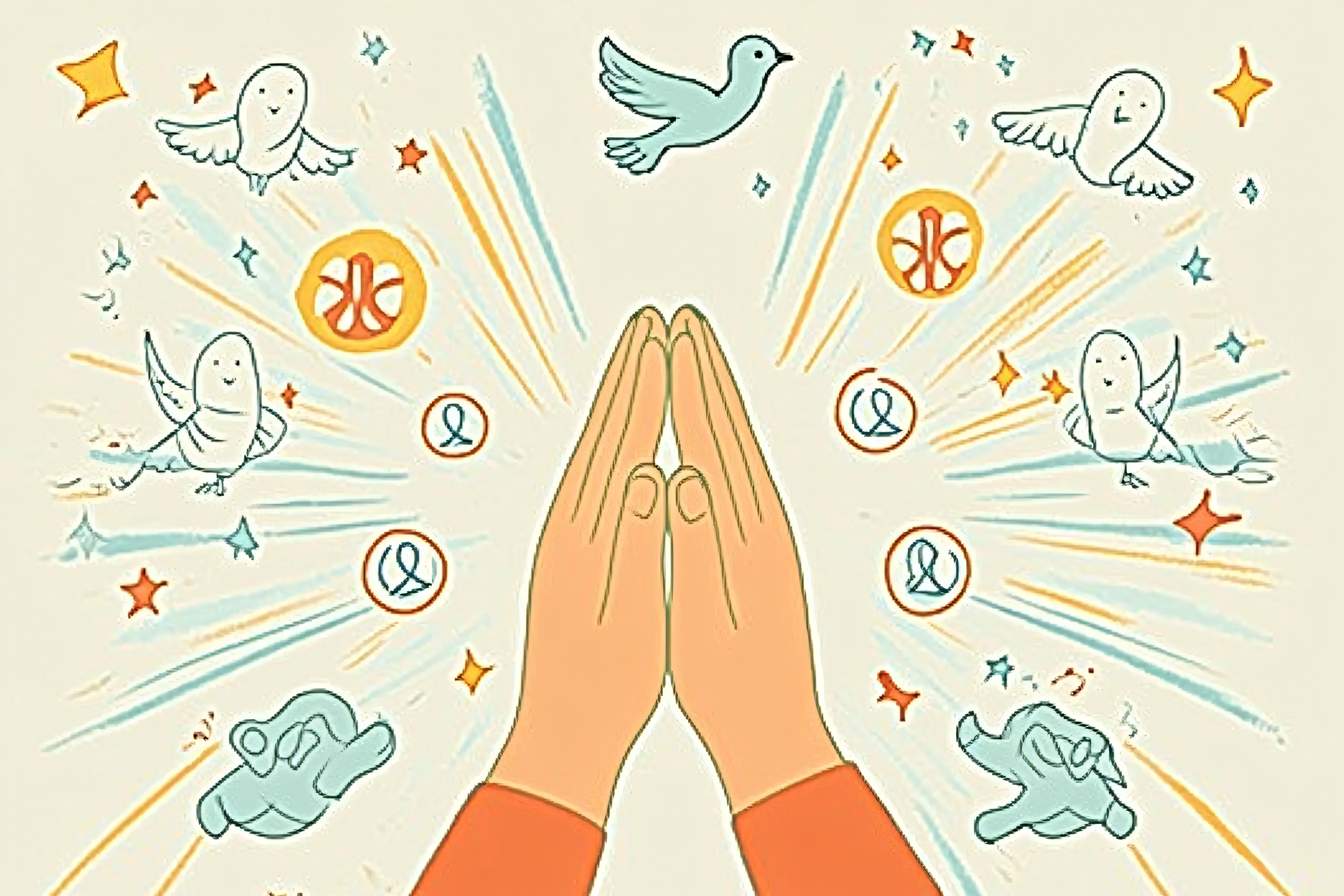 Hands in Prayer with Birds and Symbols
