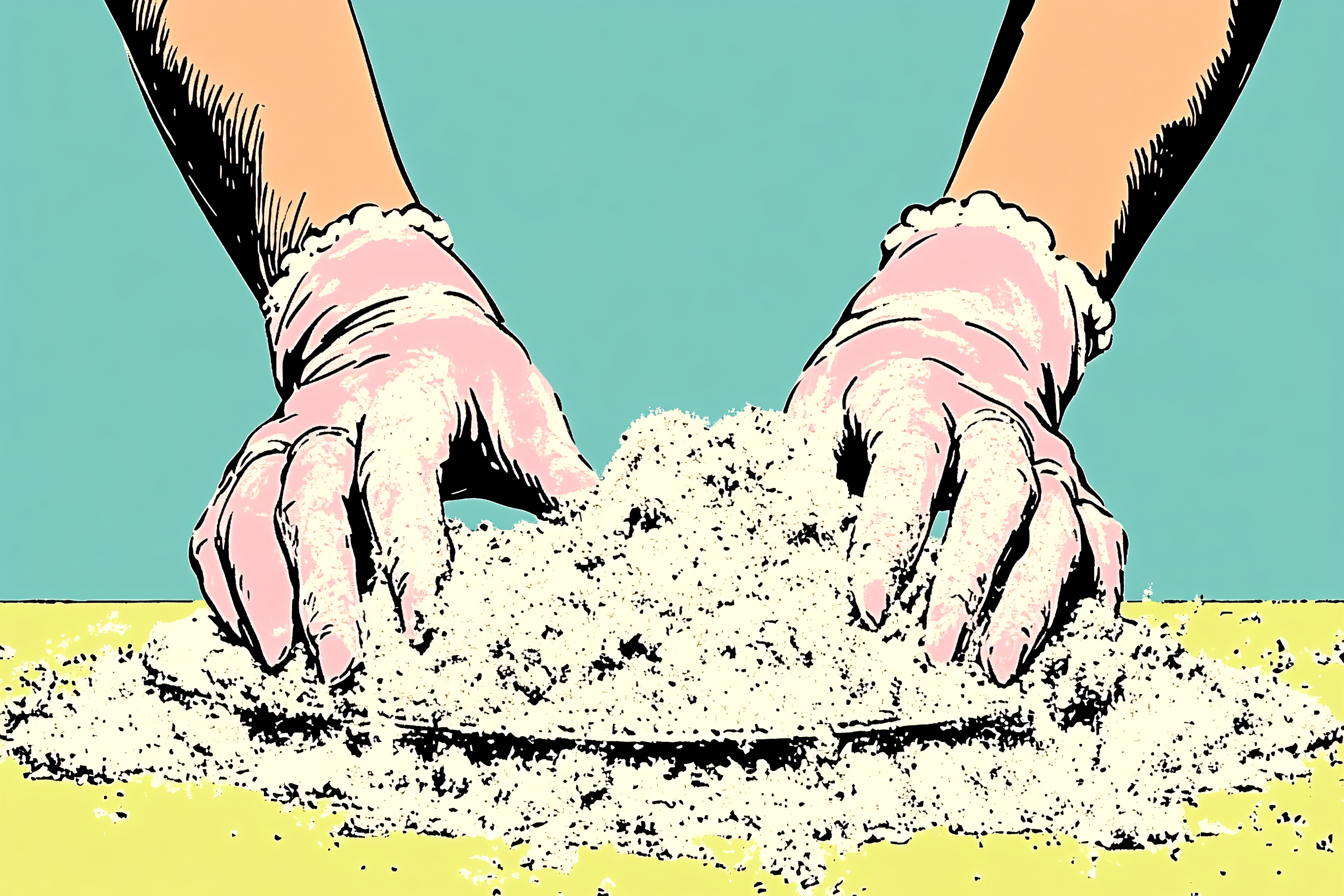 Hands Kneading White Dough with Pink Ruffled Gloves