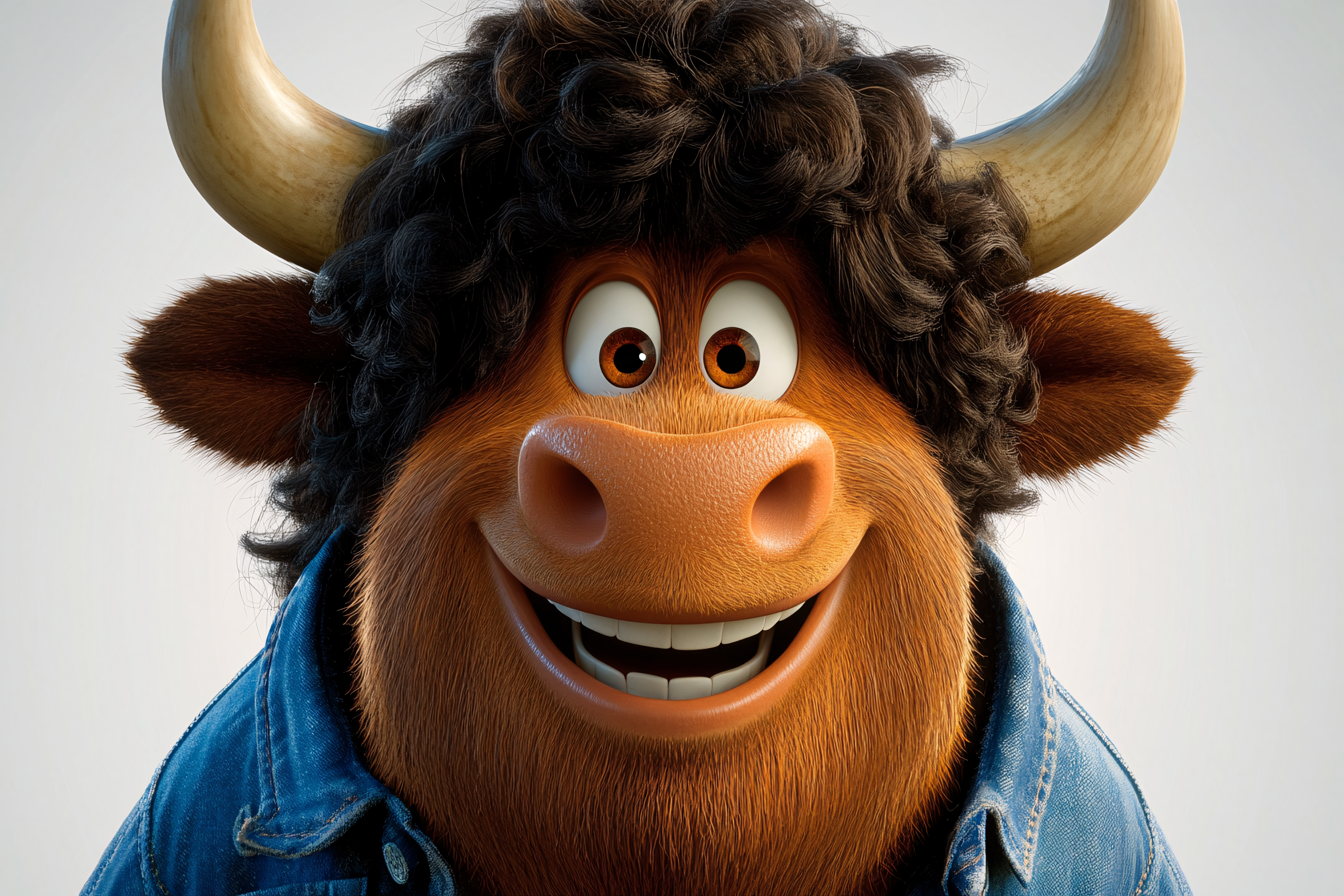 Happy Bull Character Wearing Denim Jacket