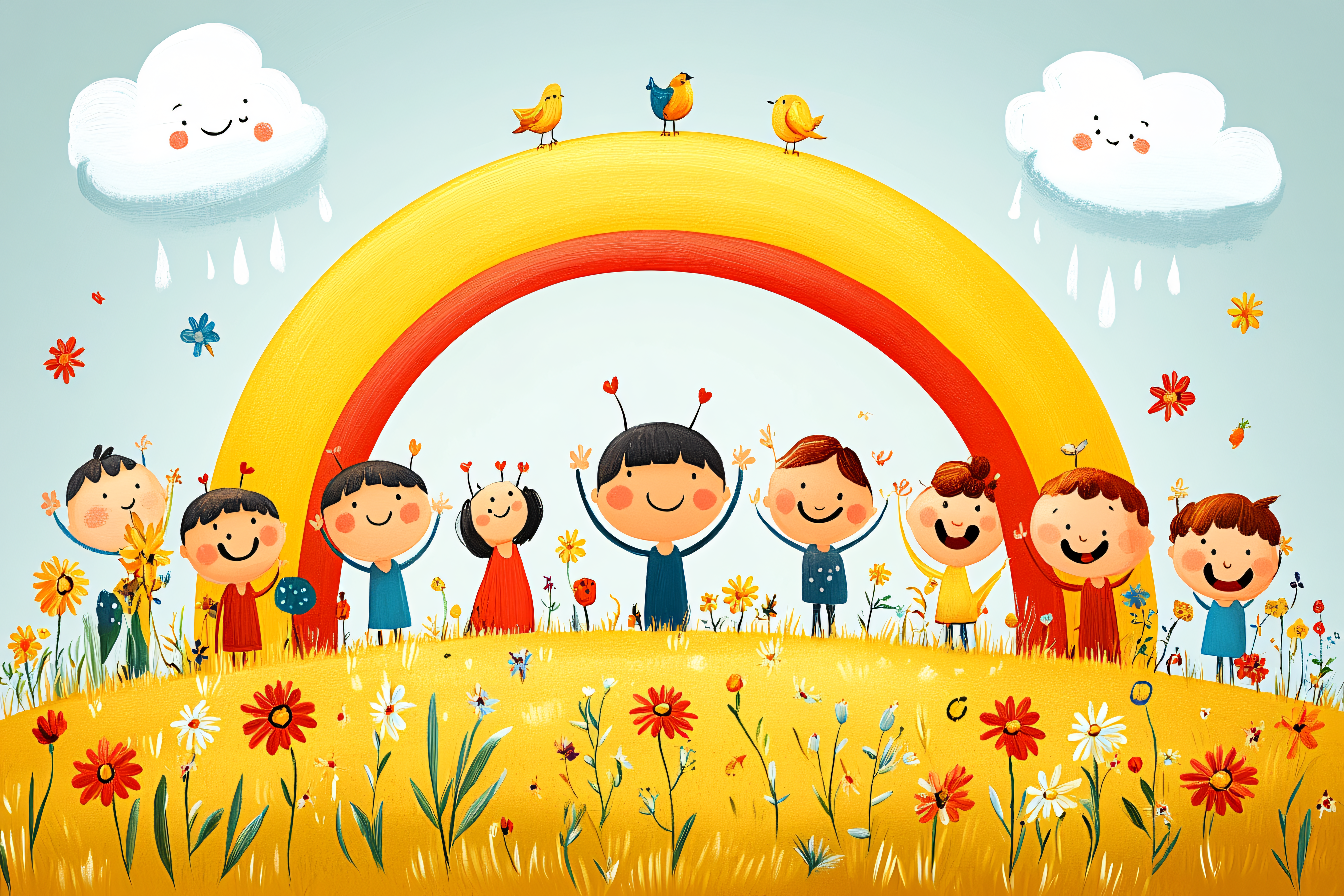 Happy Children Under Rainbow