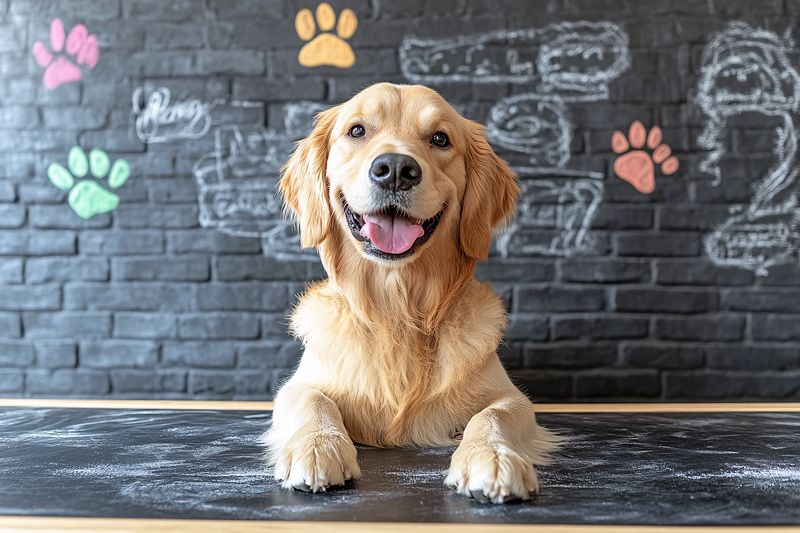 Happy Golden Retriever In Front of Chalkboard