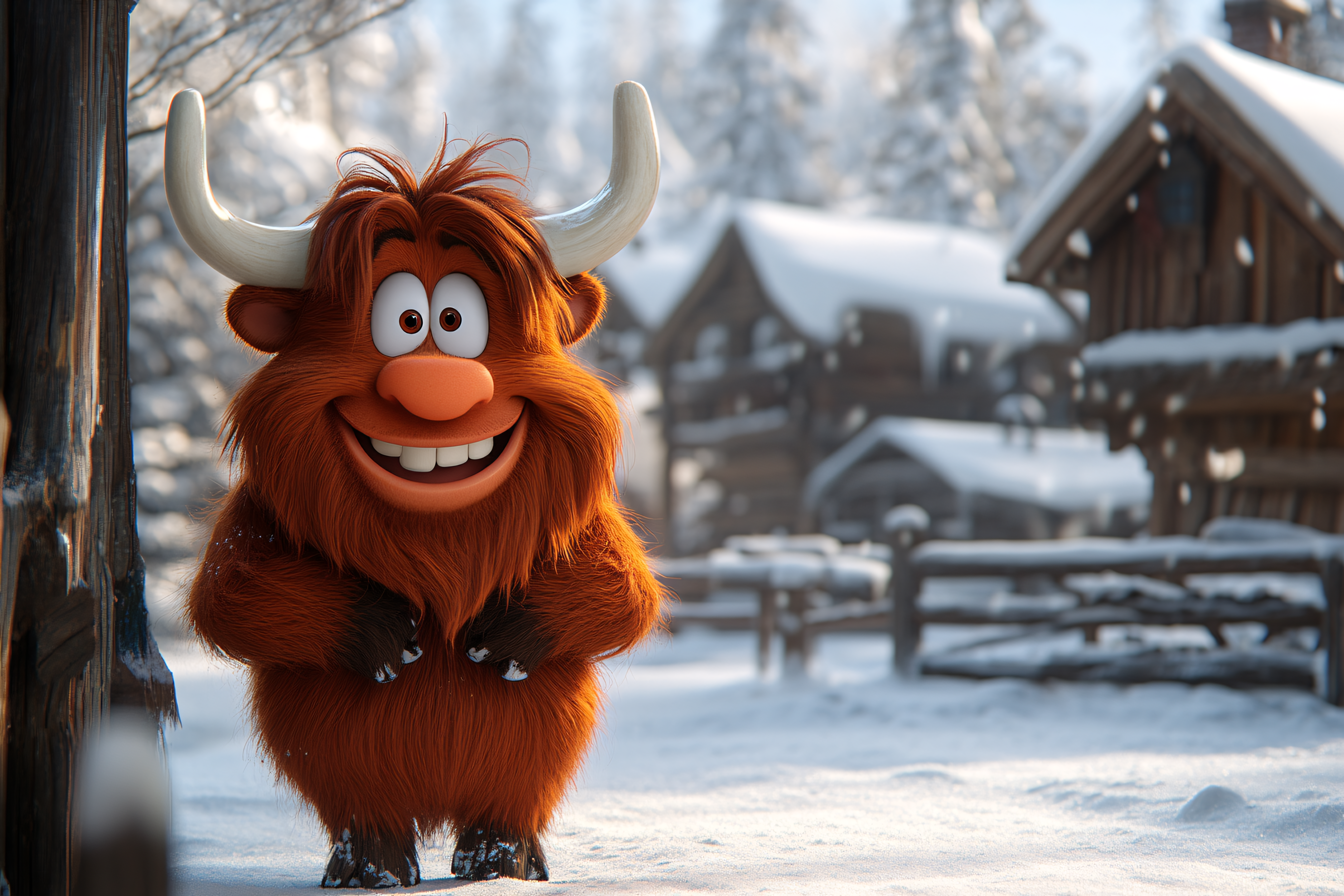 Happy Highland Cow Cartoon In Winter Scene