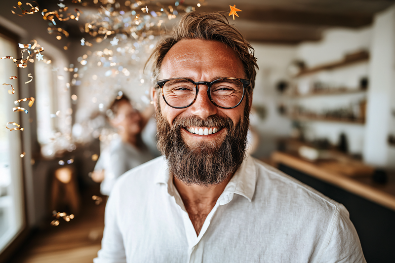 Happy Man with Glasses and Confetti