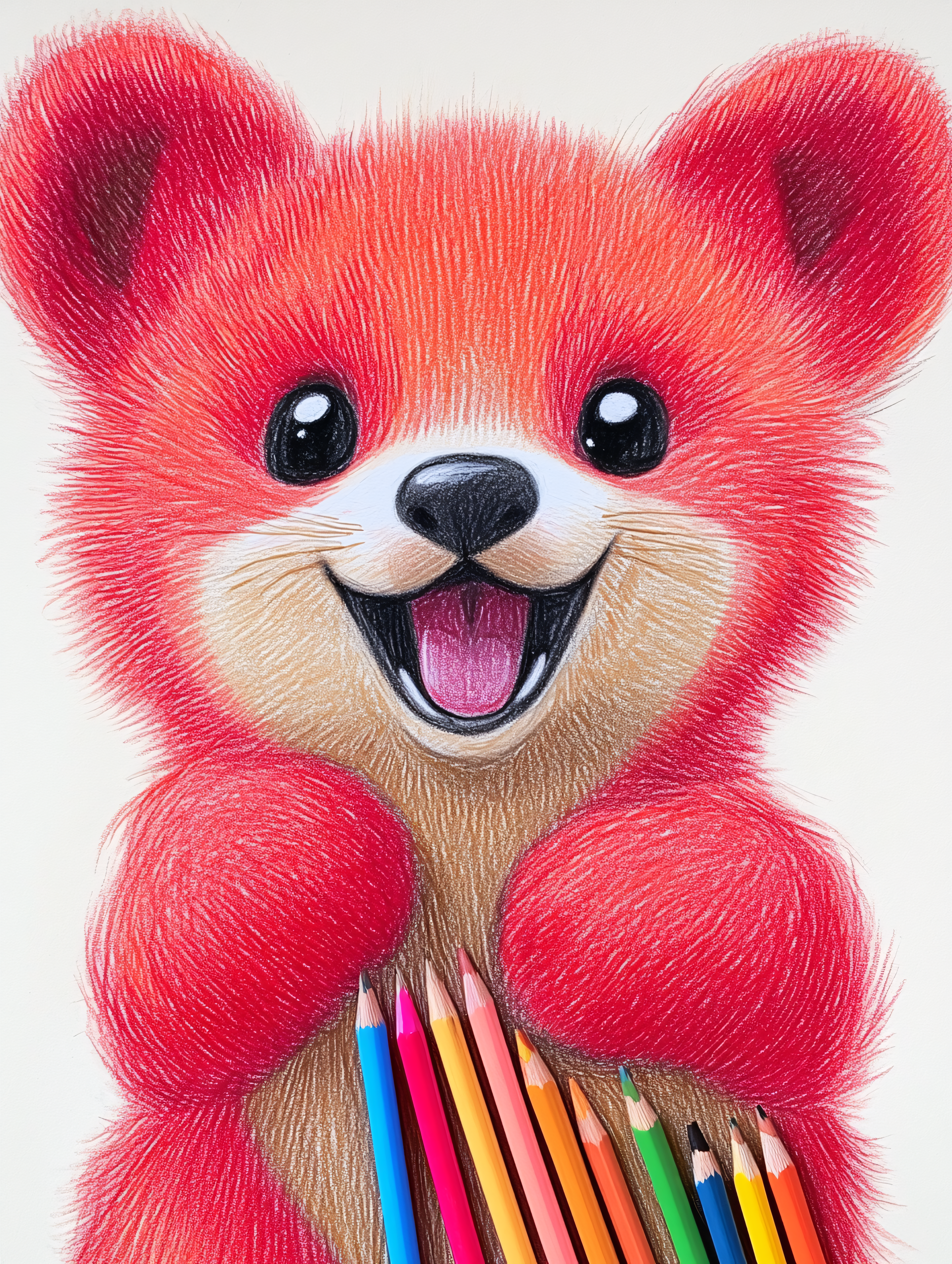 Happy Red Bear with Pencils