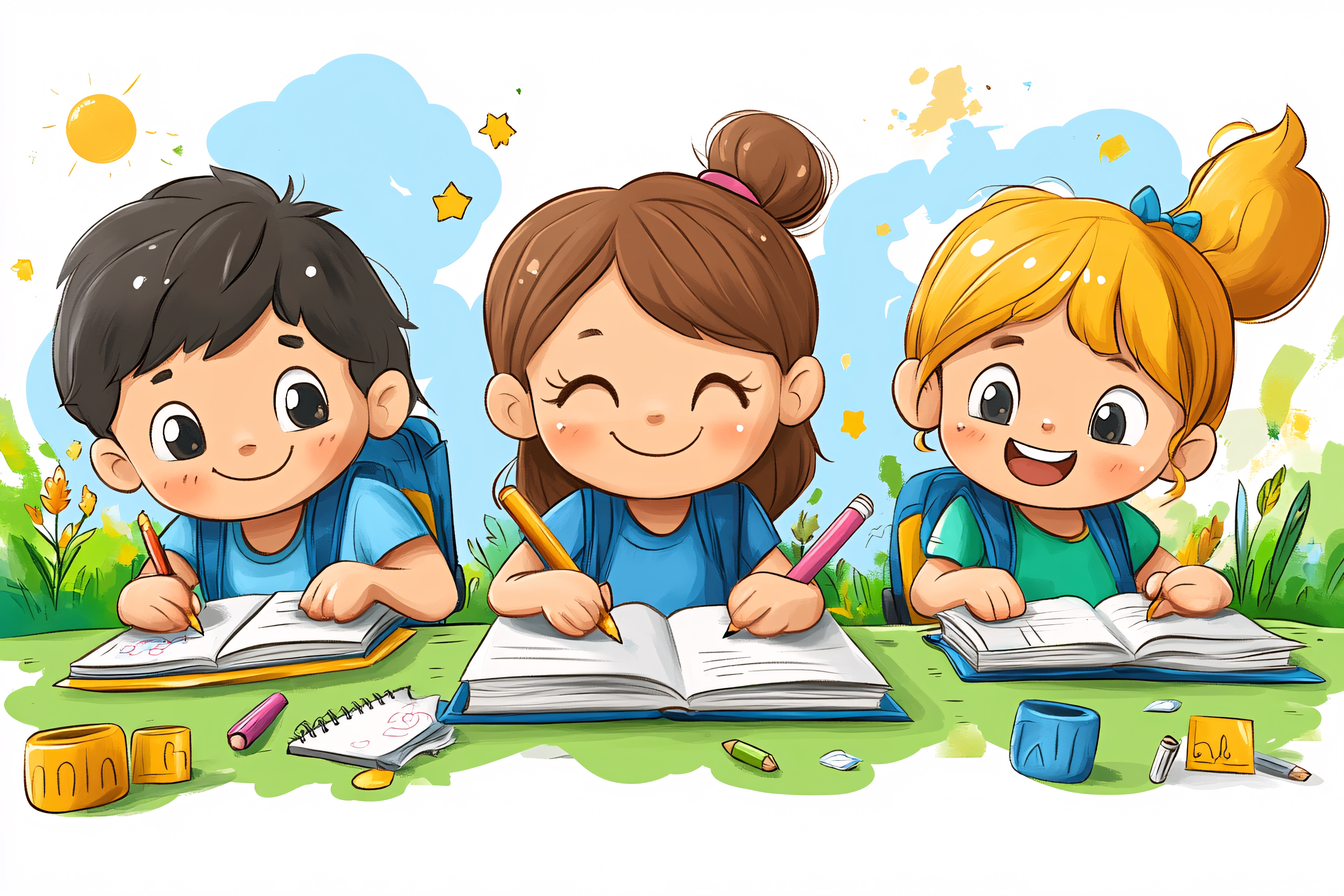 Happy School Kids Studying