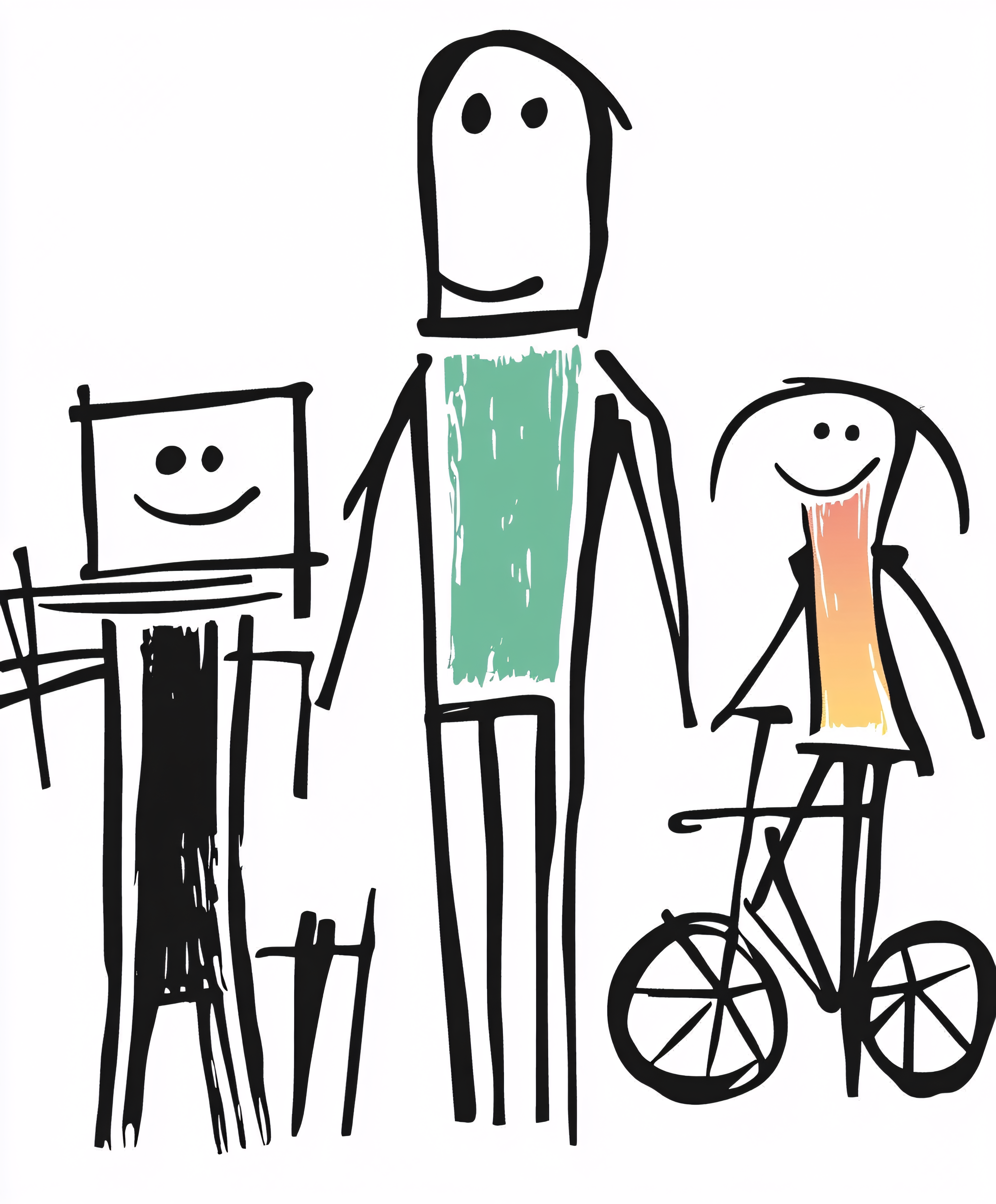 Happy Stick Figure Family with Robot and Bicycle