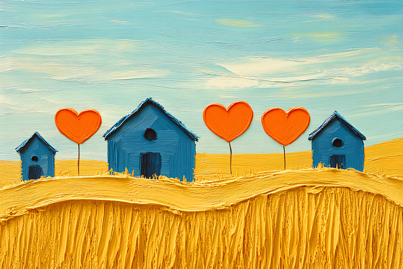 Heart Houses on Wheat Field