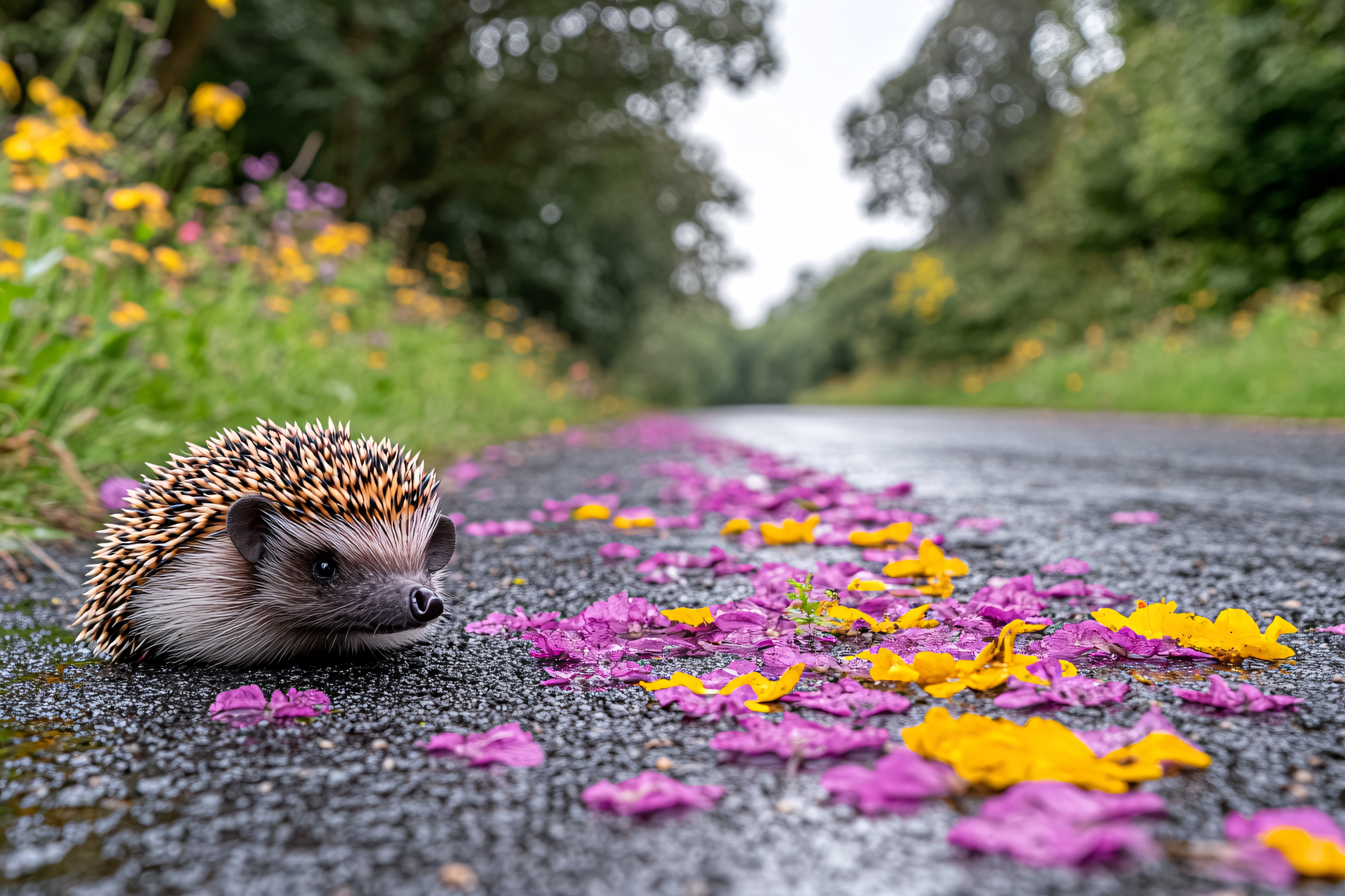 Hedgehog On A Flower Petal Road