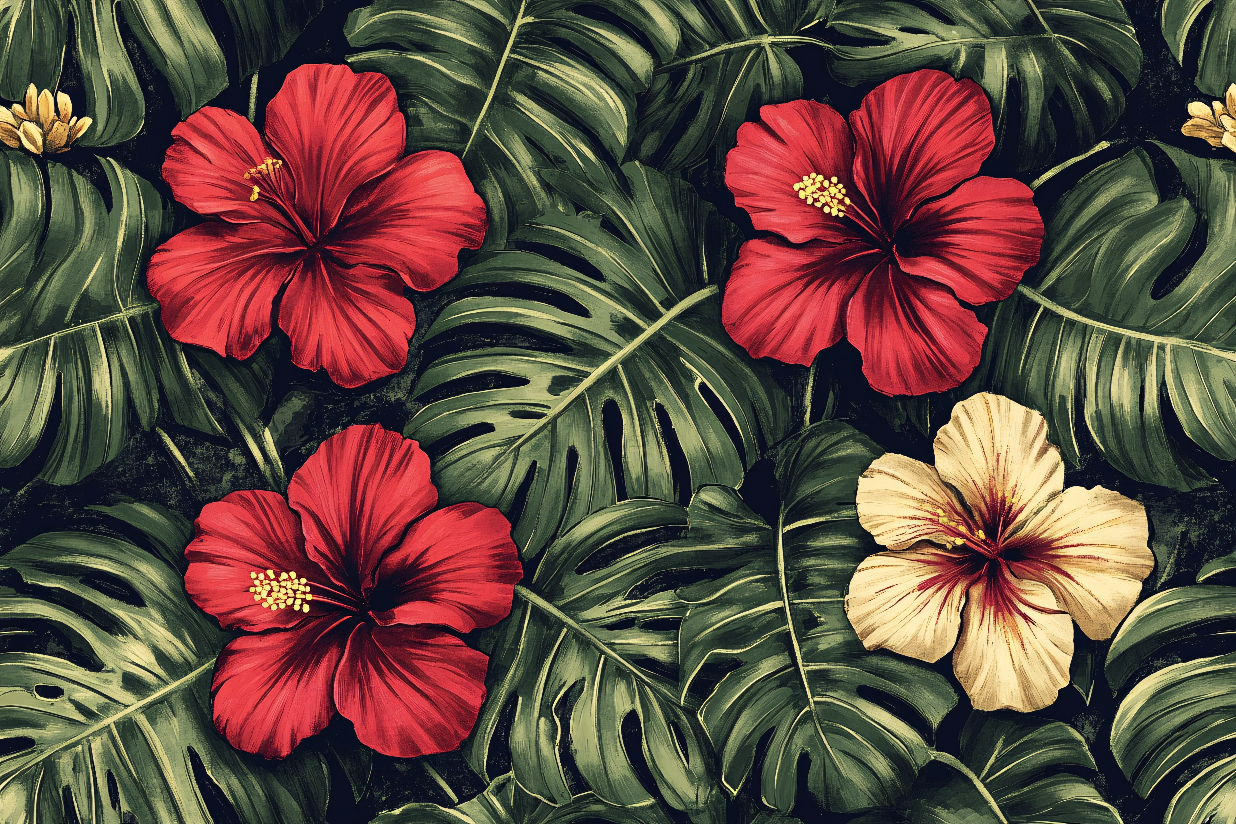Hibiscus And Monstera Pattern