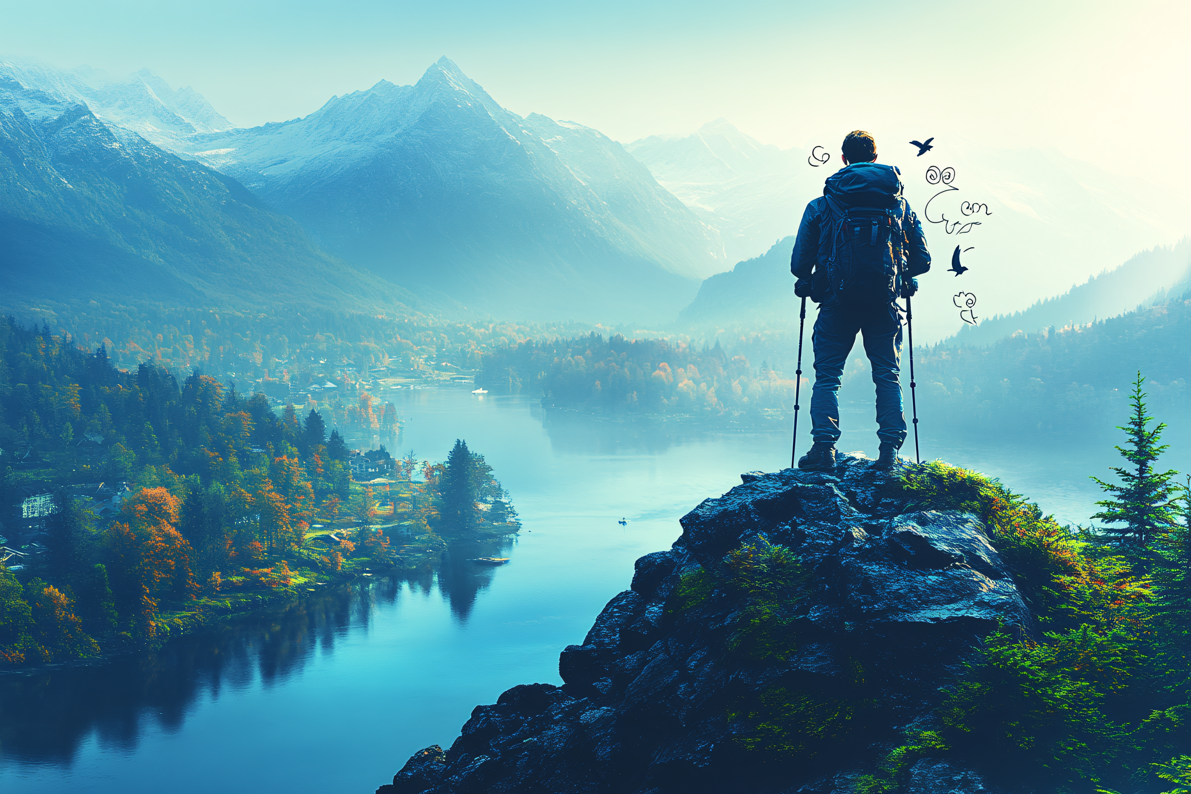 Hiker Admiring Mountain Lake Vista