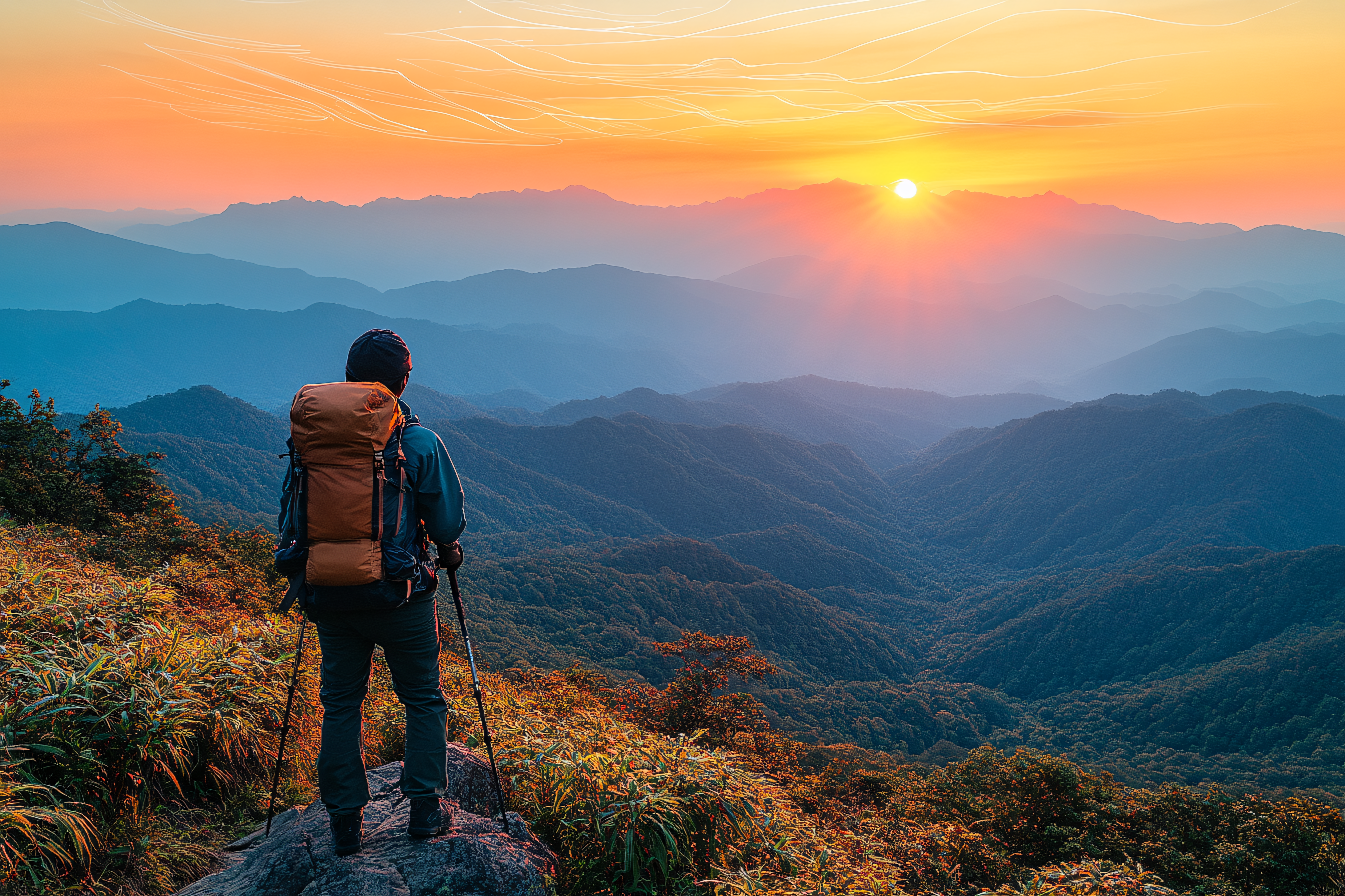 Hiker Enjoying Mountain View at Sunset