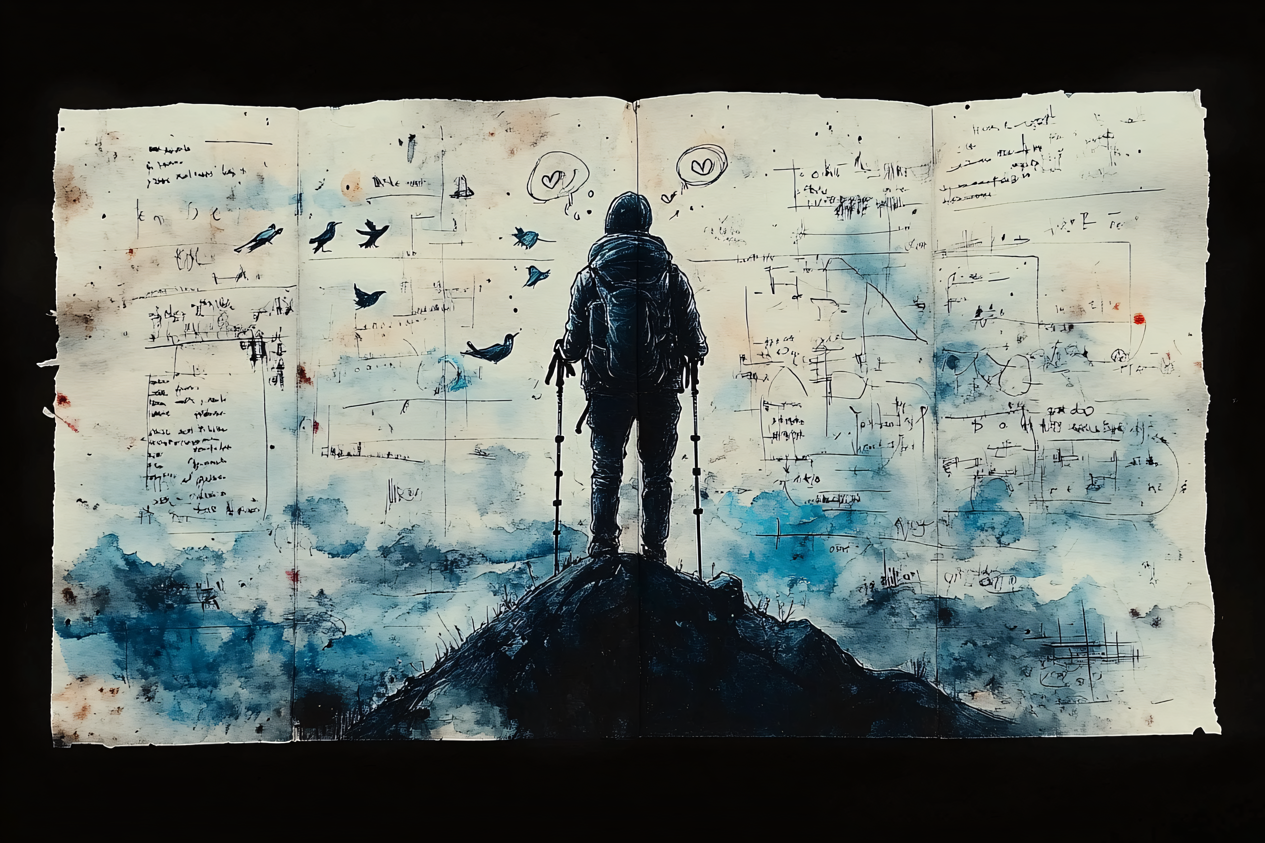 Hiker On Mountain Peak Sketch