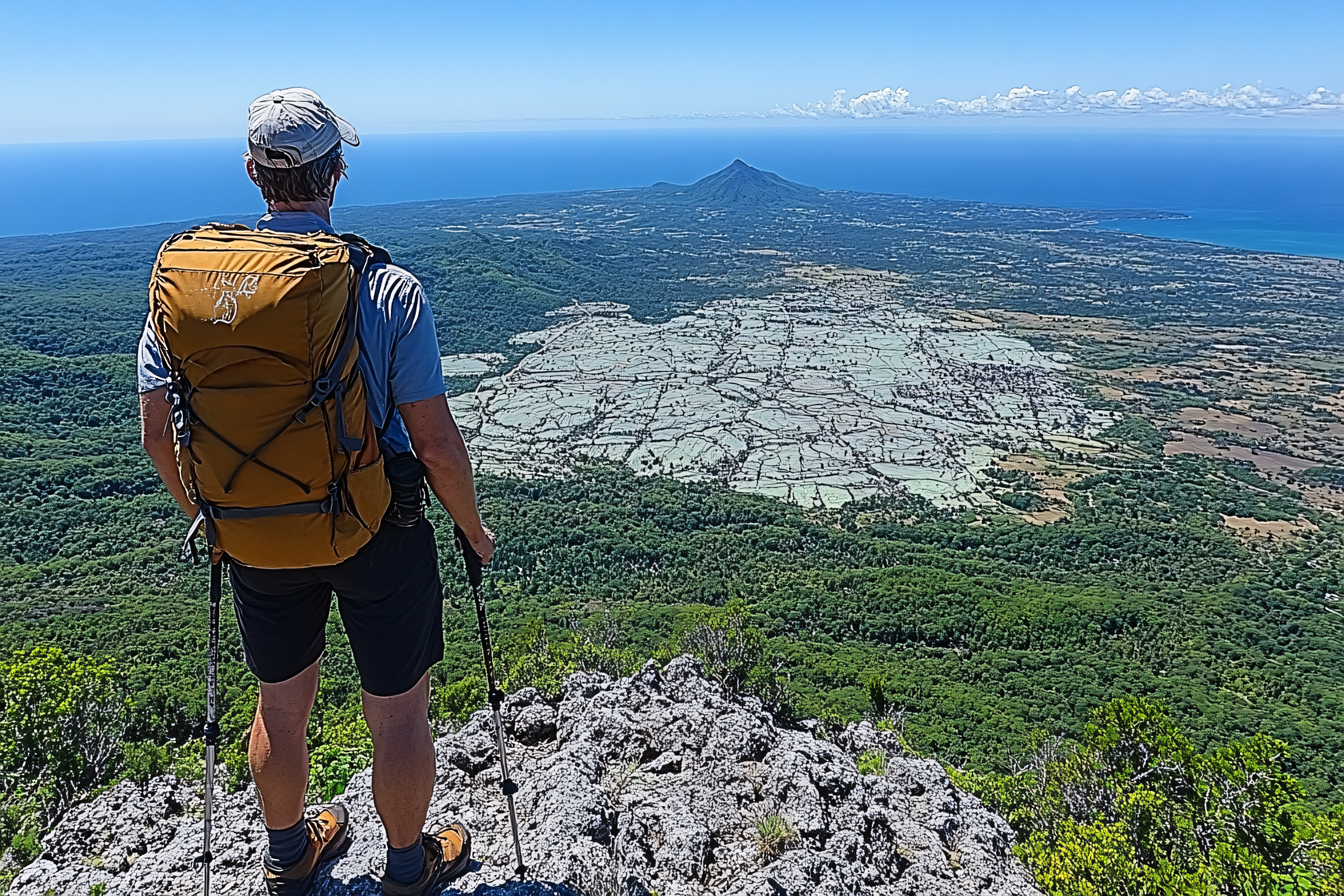 Hiker Overlooking Rice Paddies and Ocean from Mountain Top