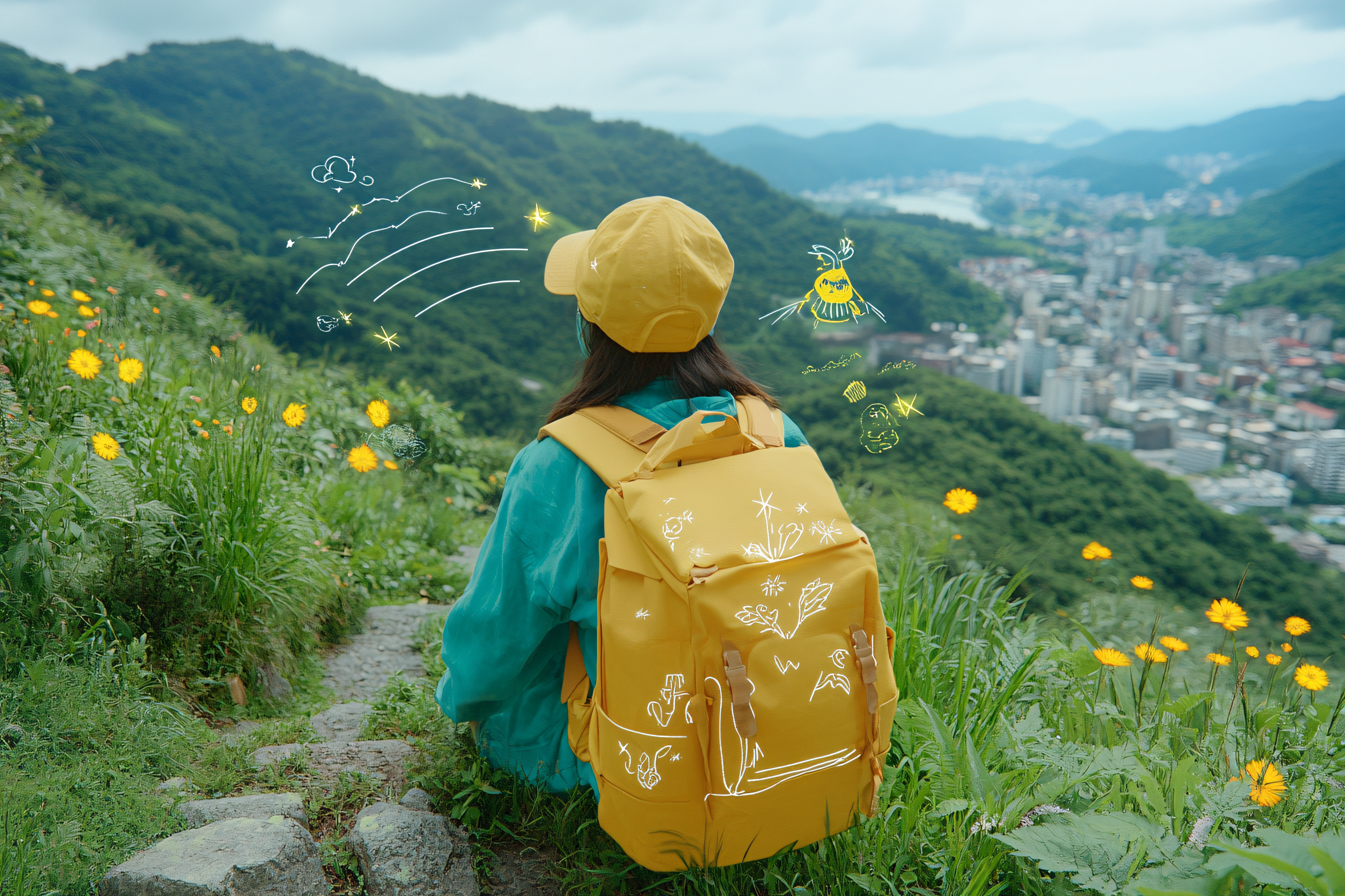 Hiker with Yellow Backpack Gazing at a City from a Hillside