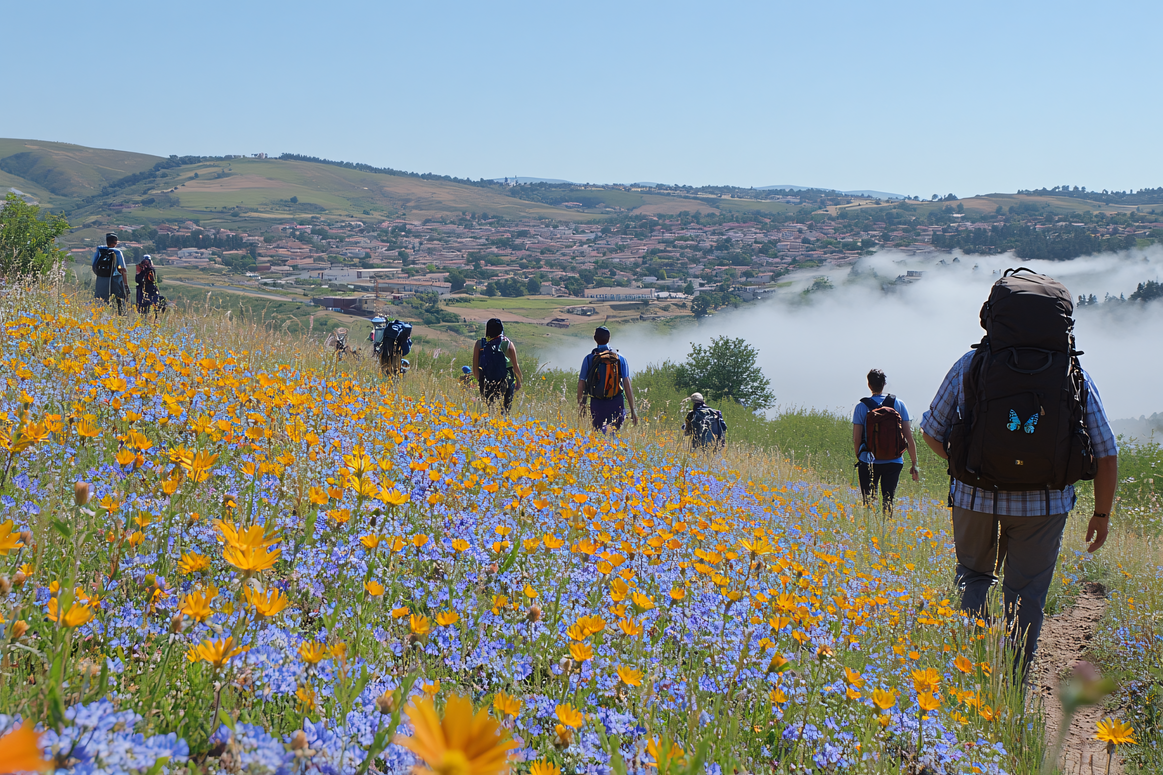 Hikers Walking Through Field of Wildflowers