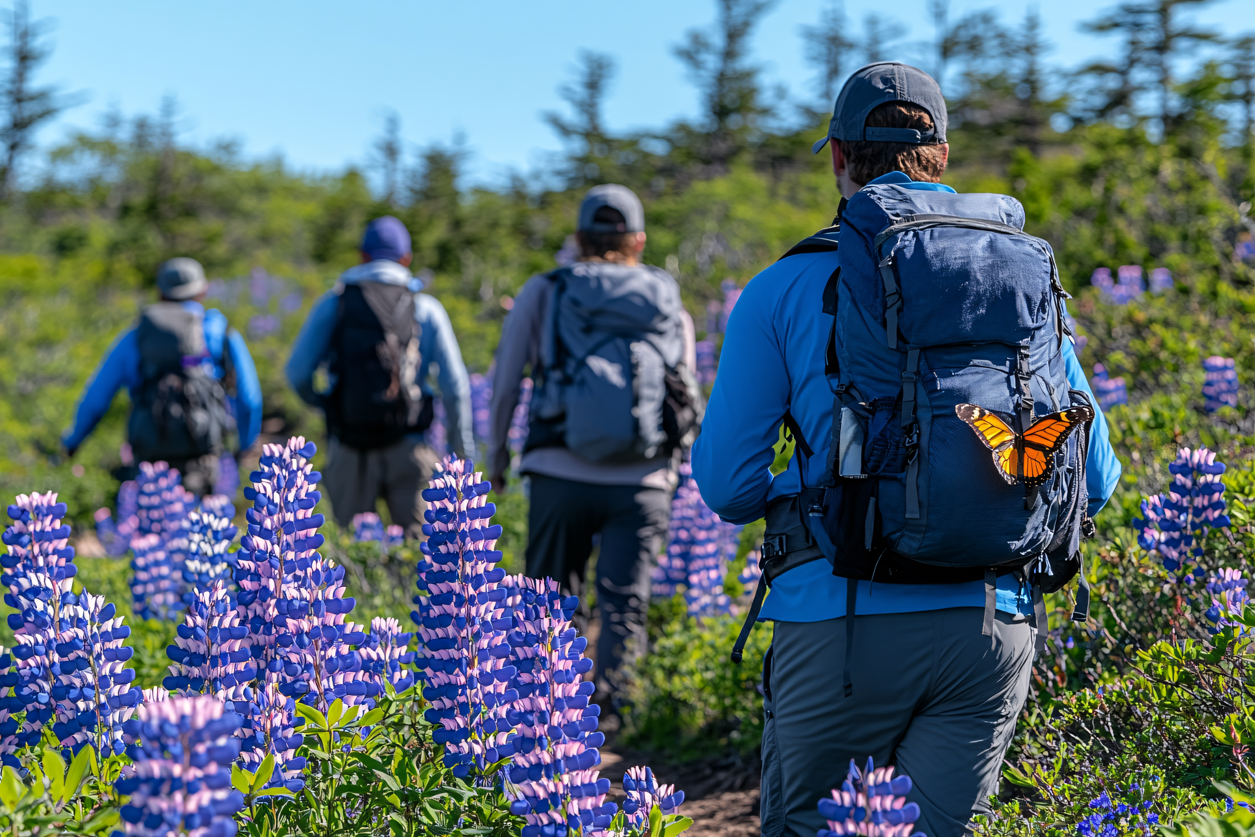 Hiking Through Lupine Field with Butterfly