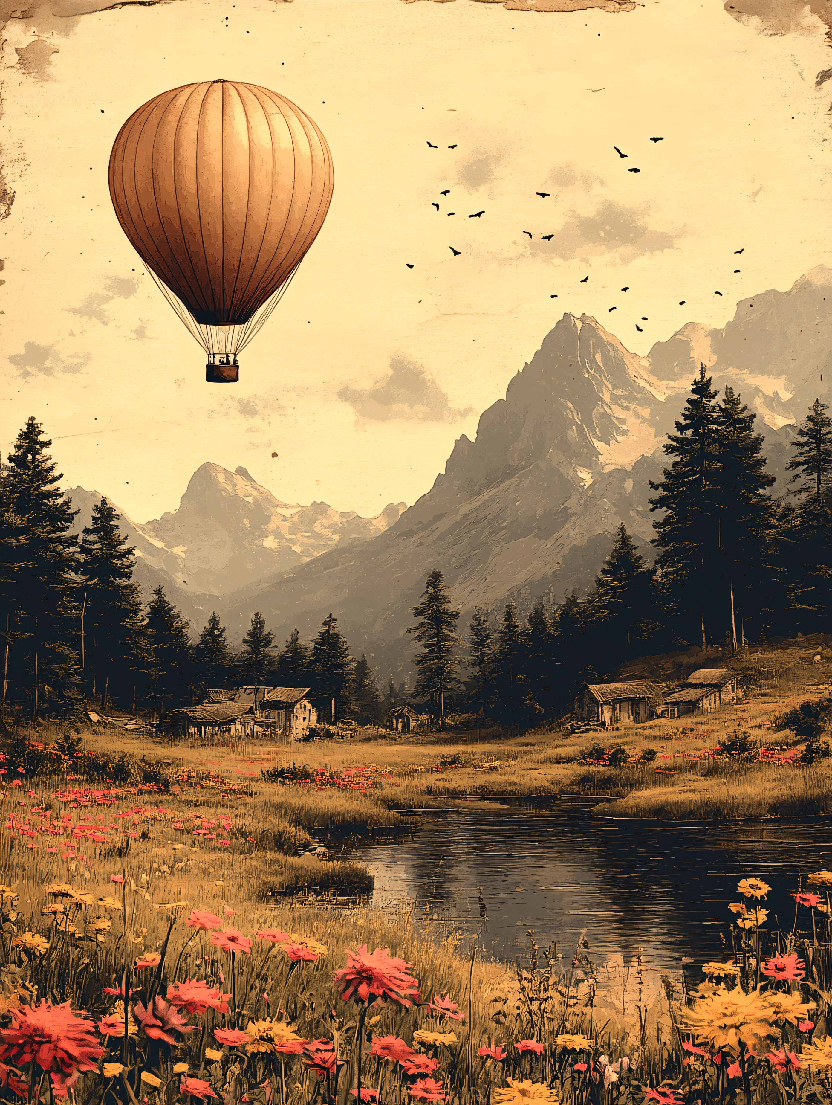 Hot Air Balloon Over Mountain Valley