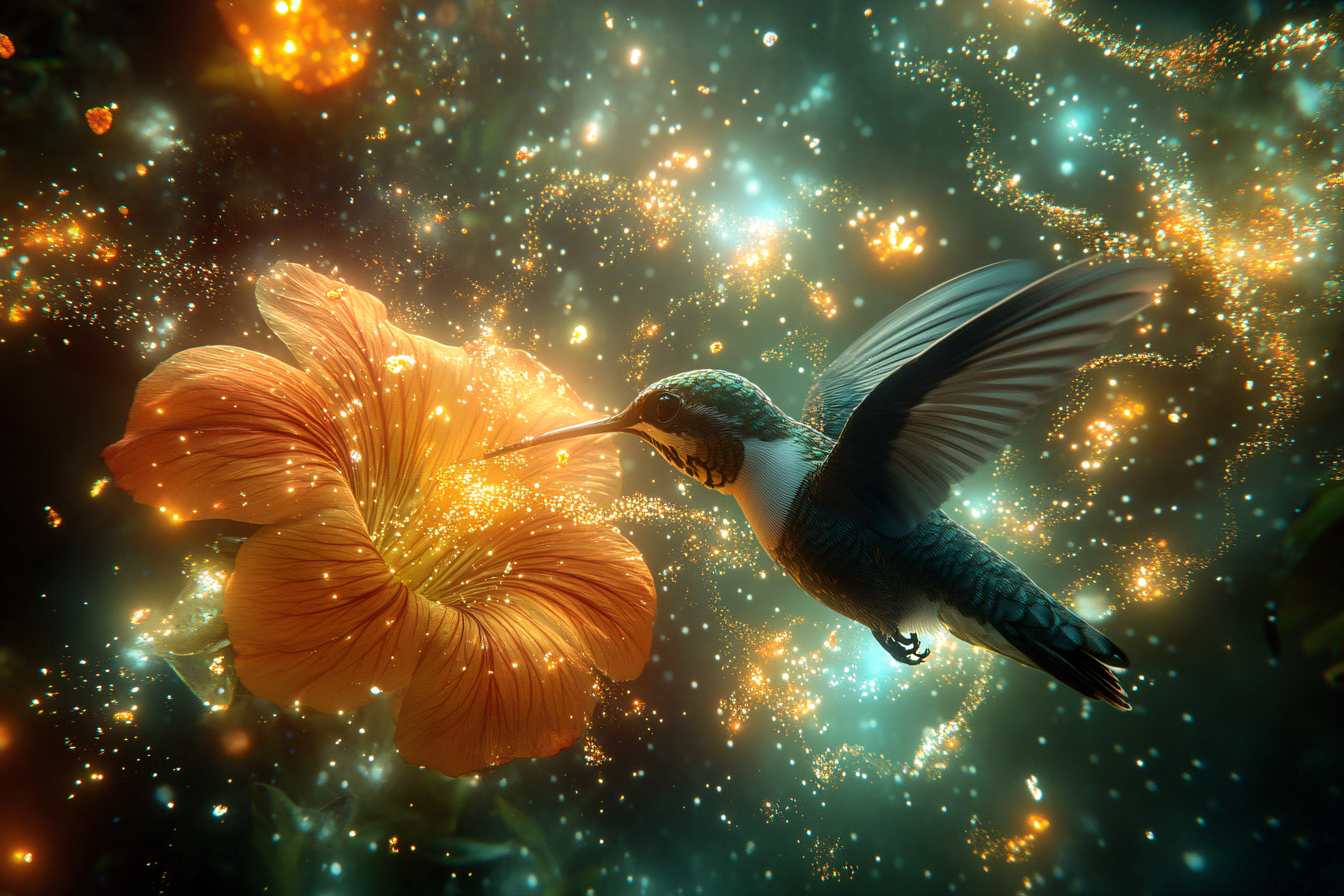 Hummingbird And Hibiscus In Sparkly Light