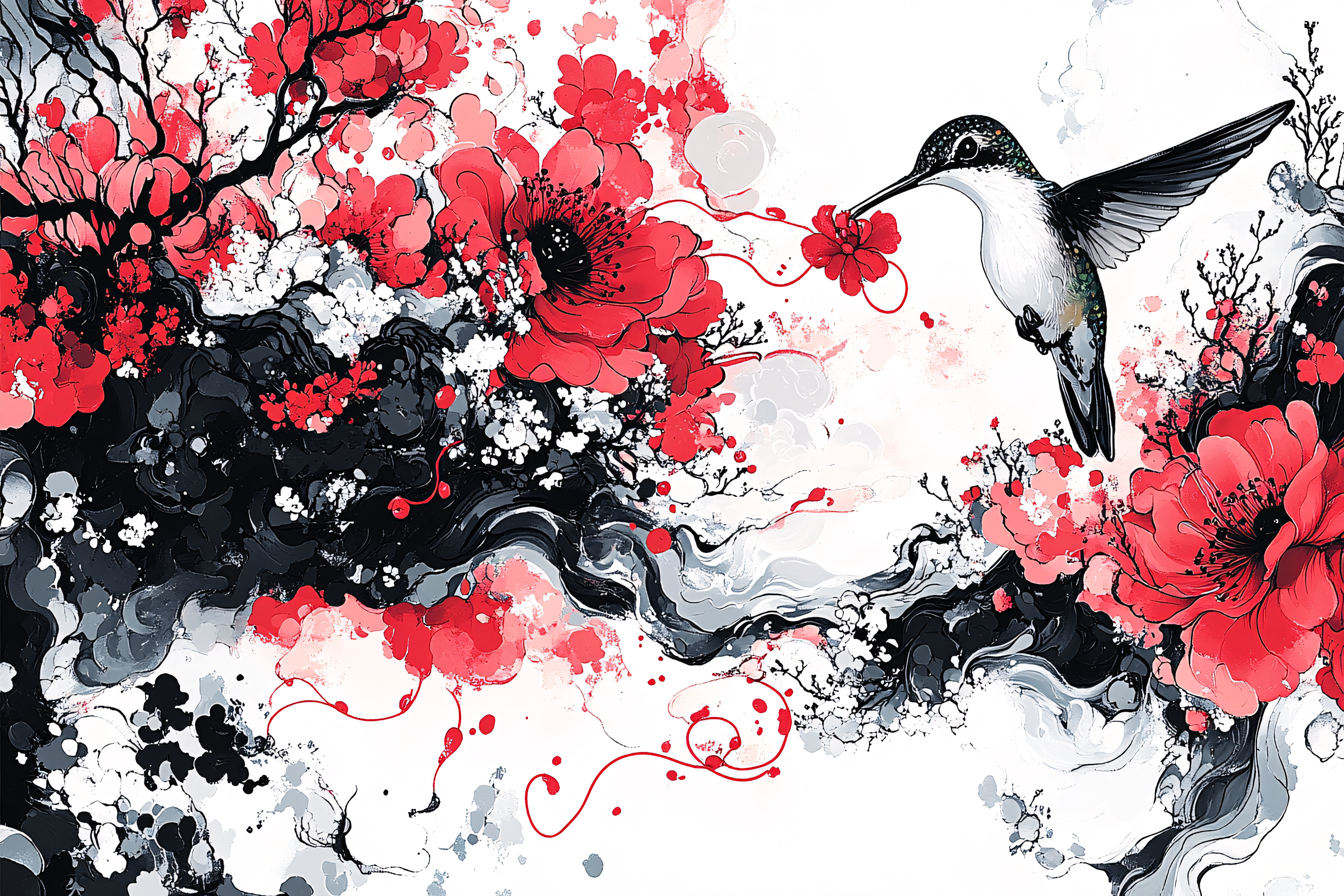 Hummingbird and Red Flowers Ink Style