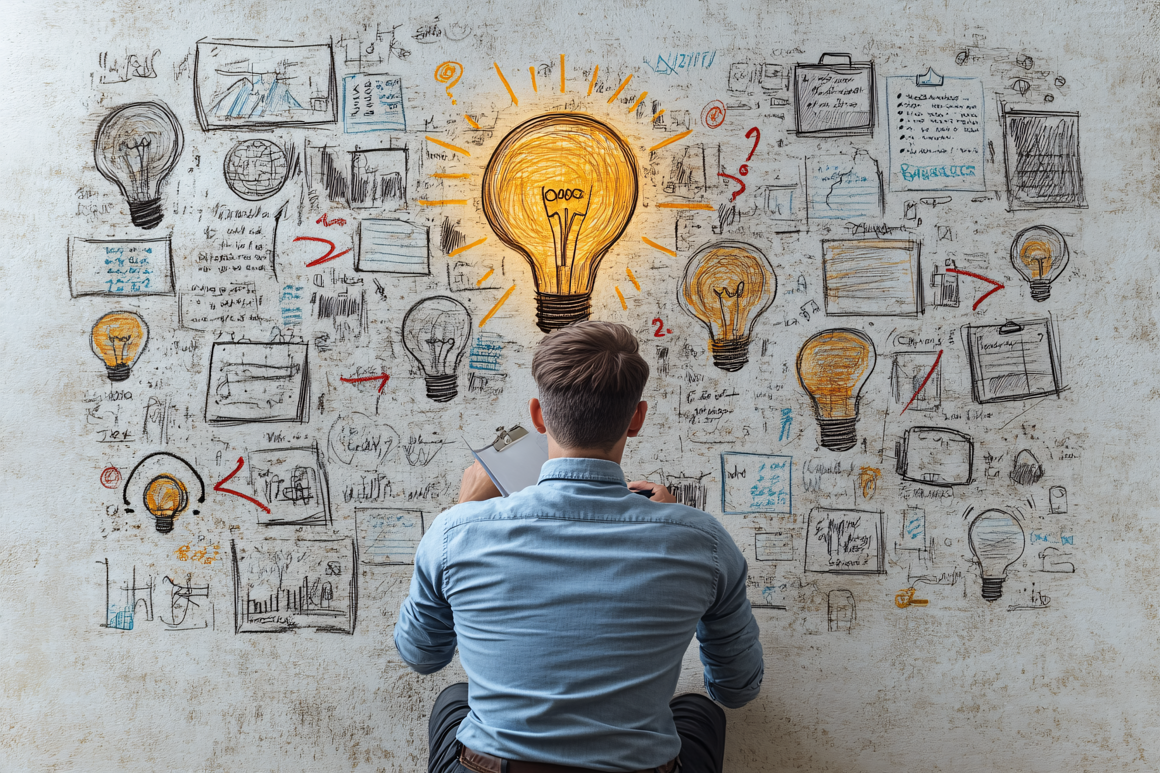 Idea Man Contemplating Lightbulbs