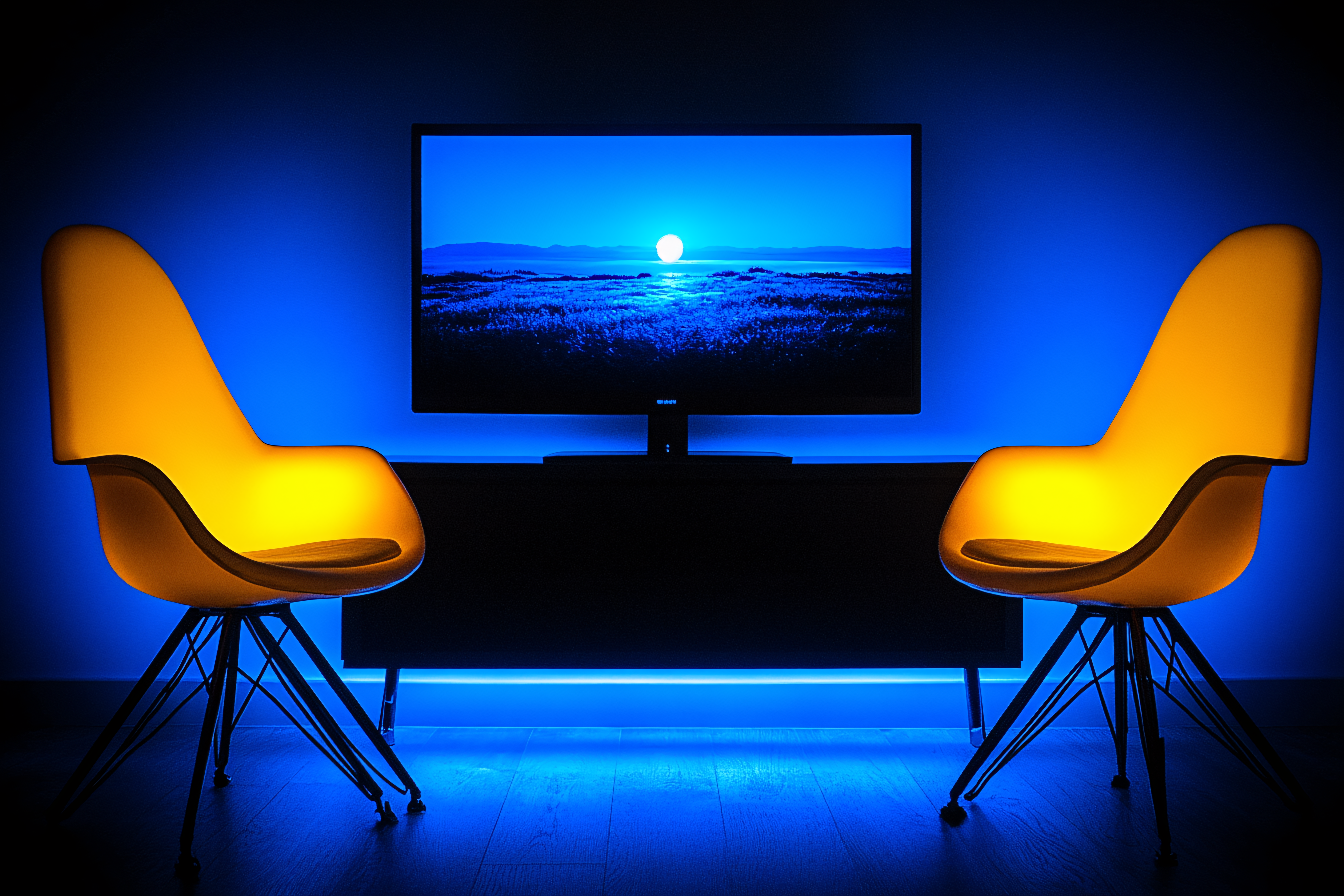 Illuminated Chairs and Television in Dark Room