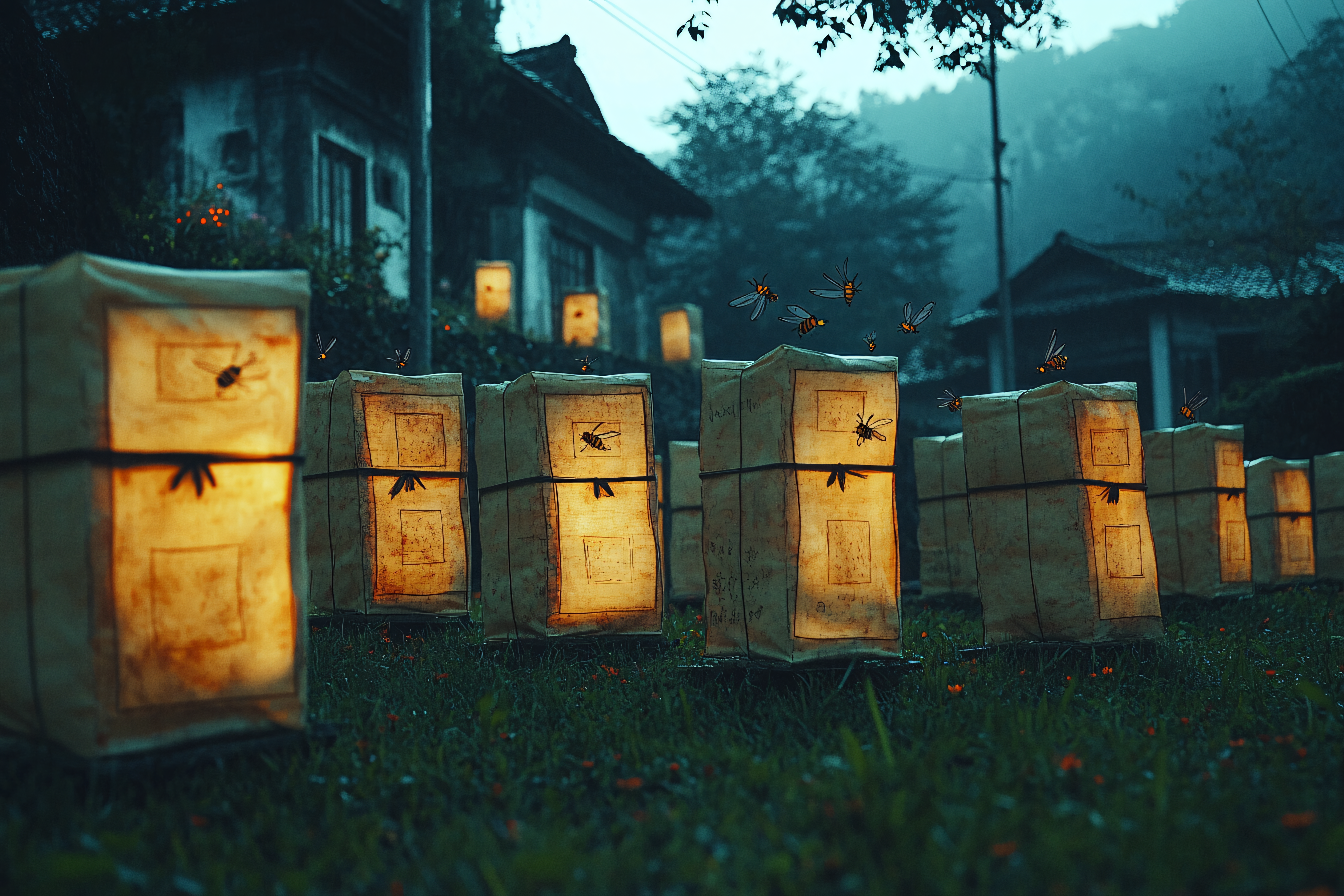 Illuminated Paper Lanterns with Insect Drawings