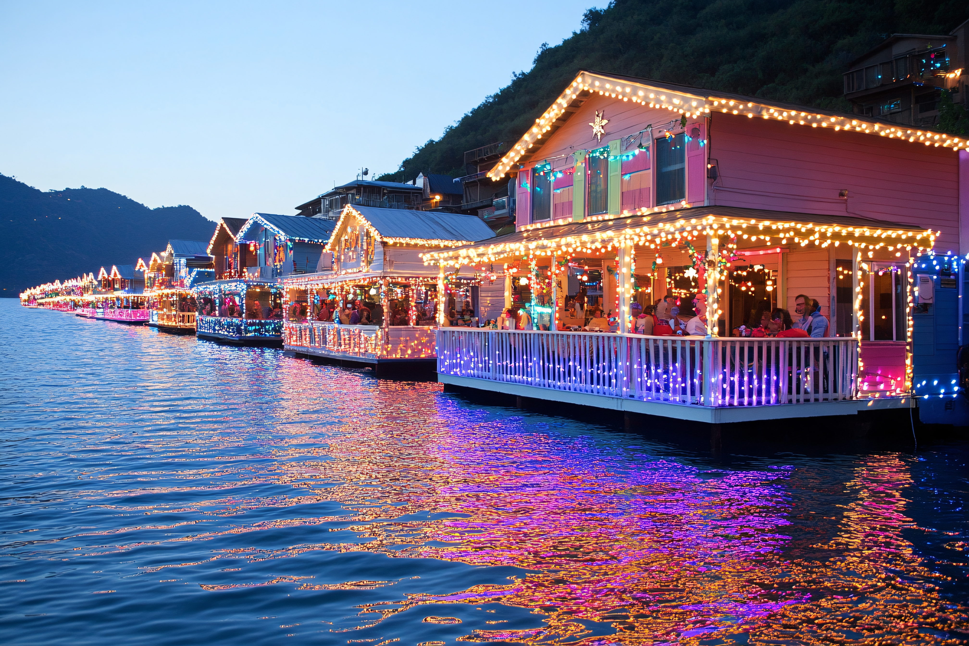 Illuminated Waterfront Boathouses